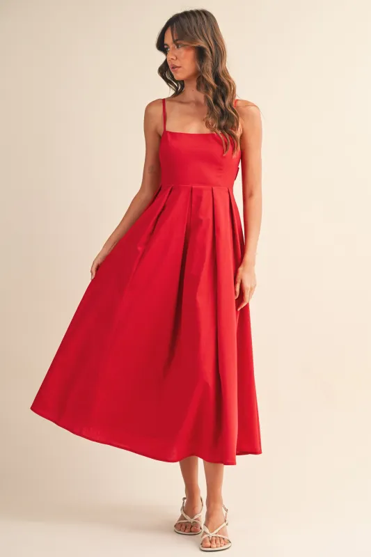 Red Linen Sleeveless Tie Back Flared Midi Dress made by Pinkblush
