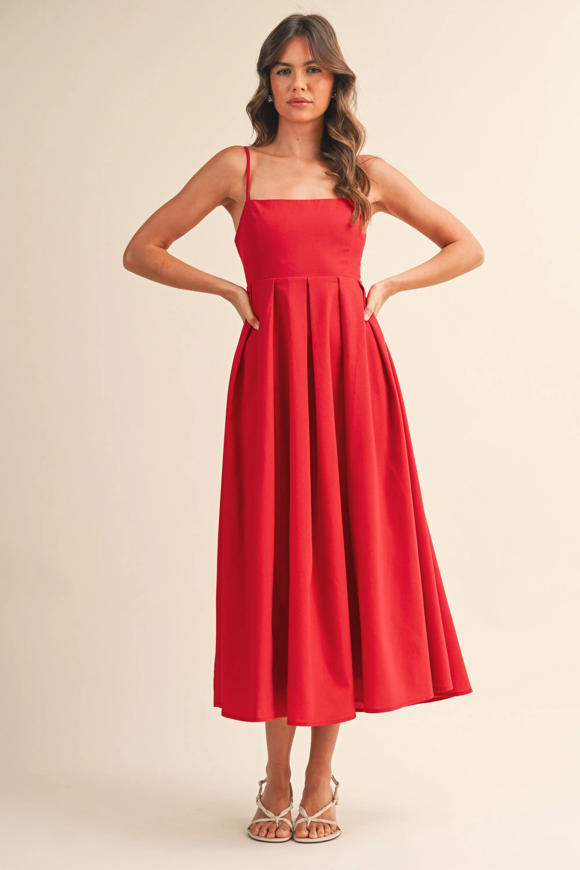 Red Linen Sleeveless Tie Back Flared Midi Dress sold by Pinkblush product image thumbnail 2