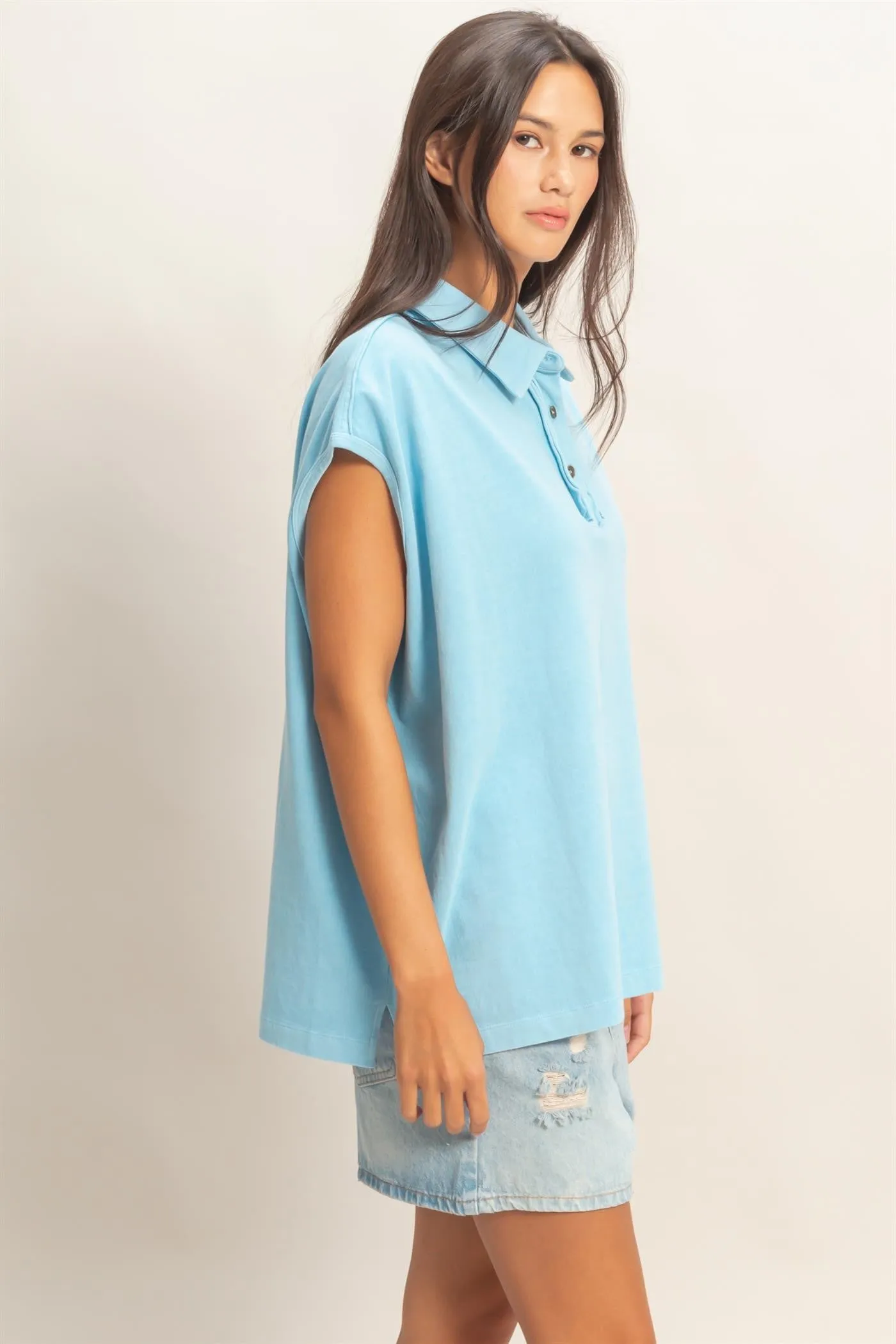 Light Blue Pigment Dye Sleeveless Polo Oversized Top sold by Pinkblush product image thumbnail 3