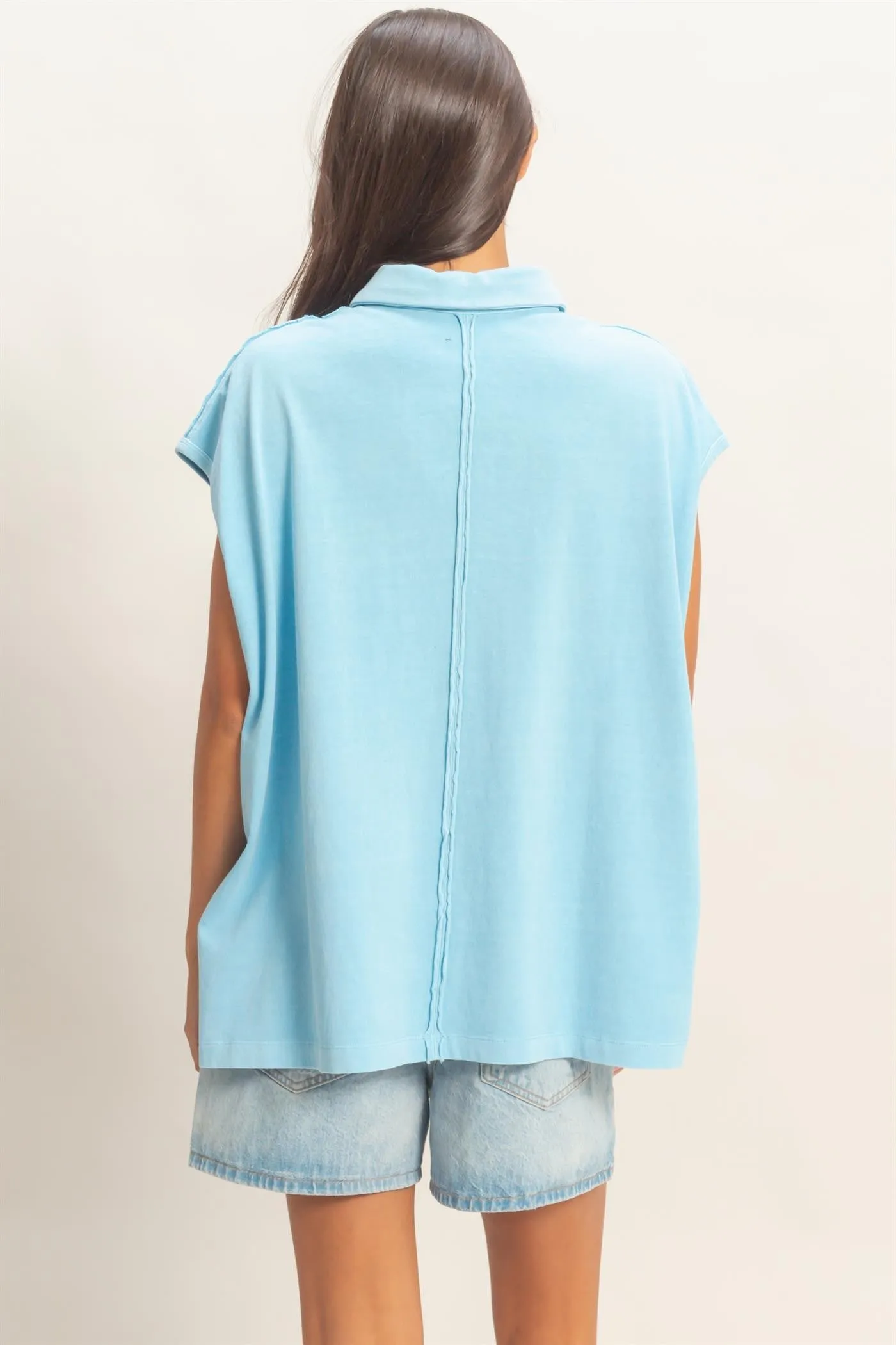 Light Blue Pigment Dye Sleeveless Polo Oversized Top sold by Pinkblush product image thumbnail 4