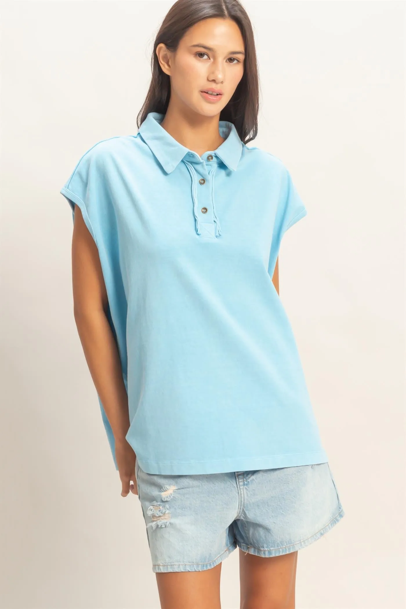 Light Blue Pigment Dye Sleeveless Polo Oversized Top sold by Pinkblush