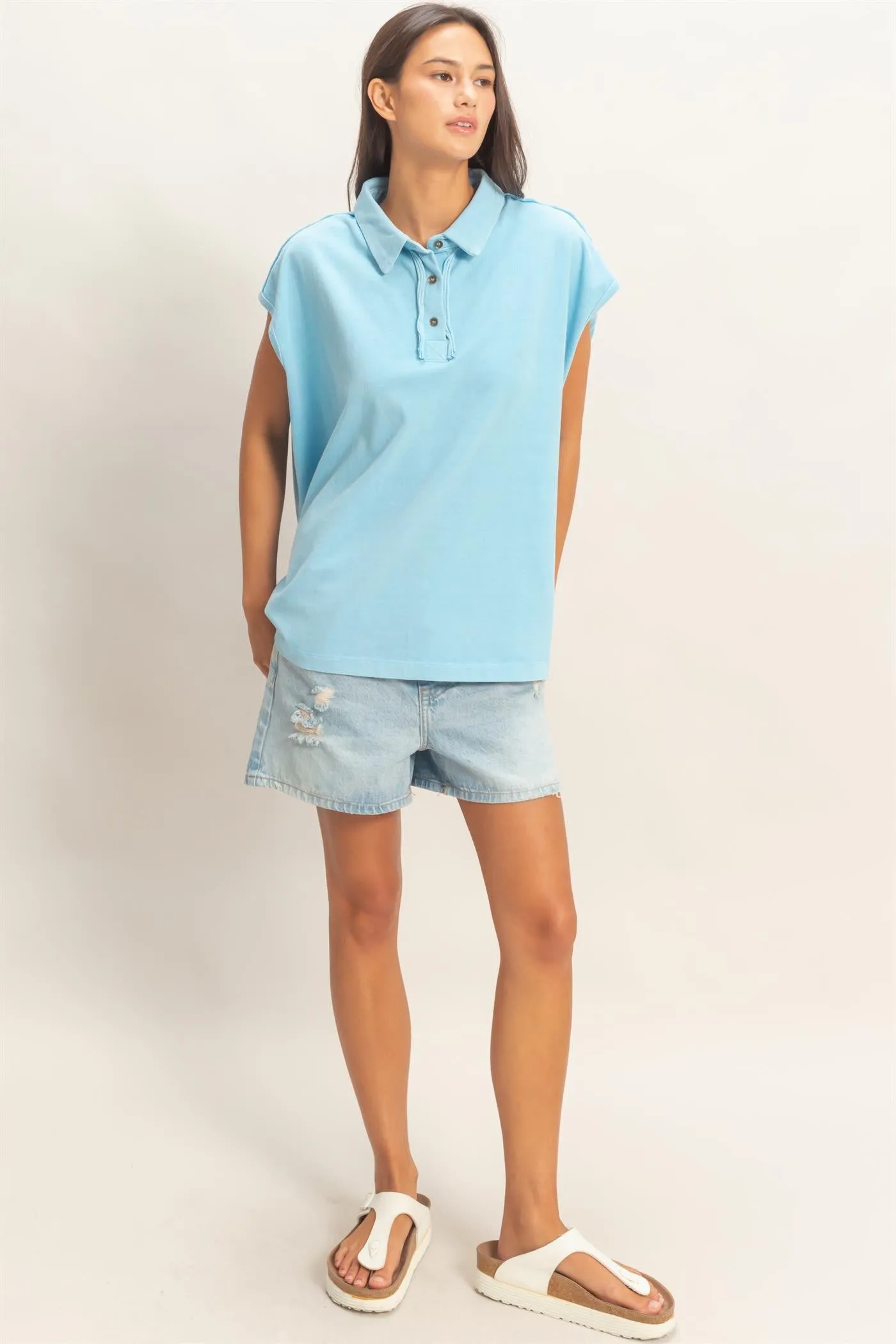 Light Blue Pigment Dye Sleeveless Polo Oversized Top sold by Pinkblush product image thumbnail 5