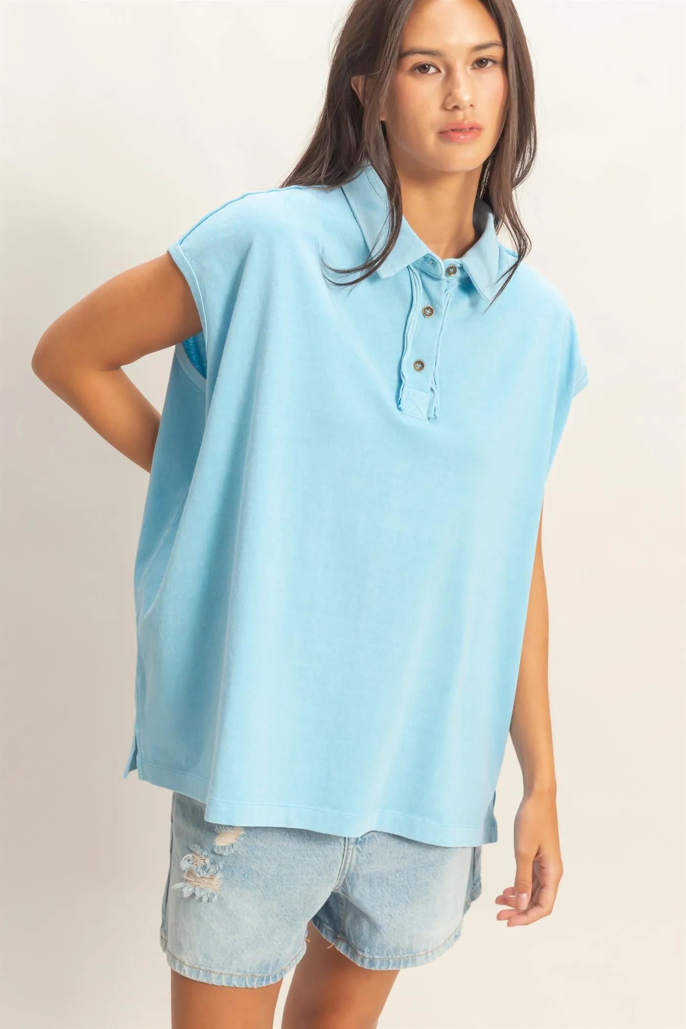 Light Blue Pigment Dye Sleeveless Polo Oversized Top sold by Pinkblush product image thumbnail 2