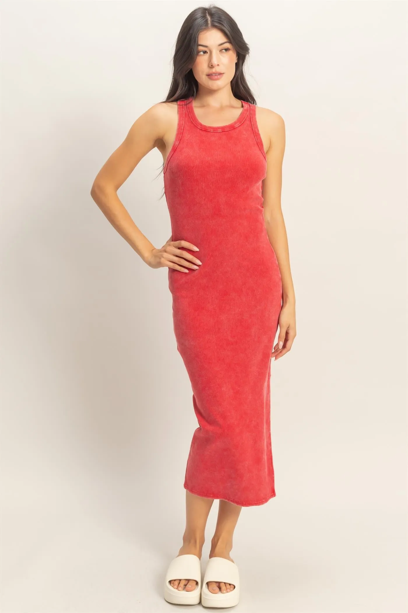 Red Acid Washed Ribbed Midi Tank Dress sold by Pinkblush