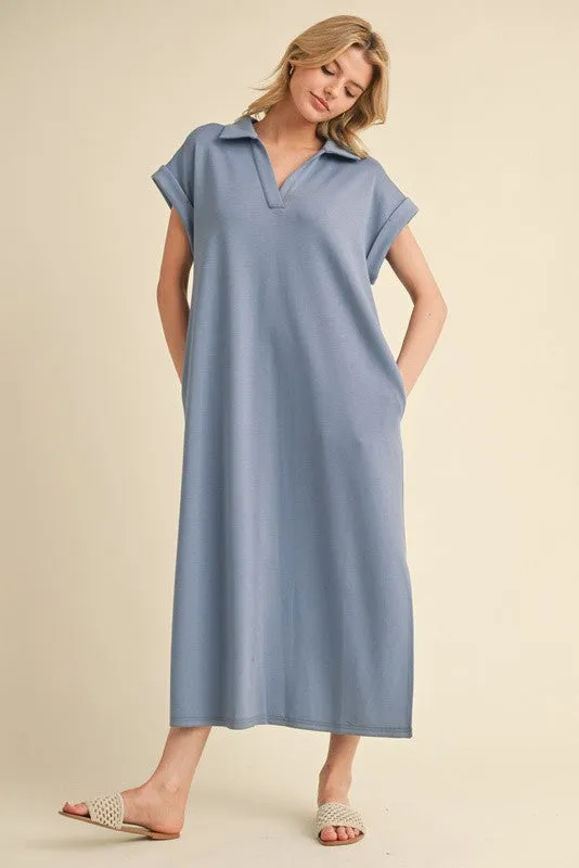 Denim Blue Collared Oversized Midi Dress made by JODIFL