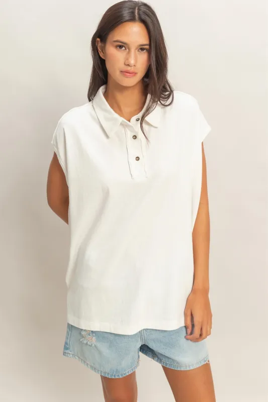 Ivory Pigment Dye Sleeveless Polo Oversized Top made by HYFVE