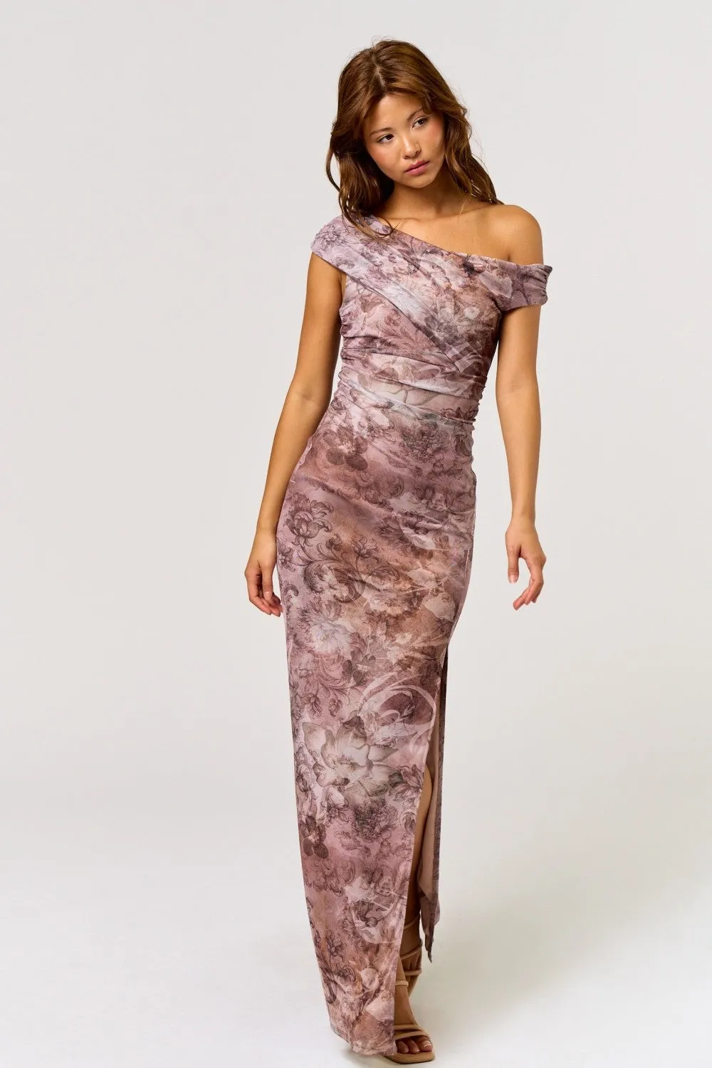 Taupe Asymmetrical Off-Shoulder Maxi Dress sold by Pinkblush product image thumbnail 2
