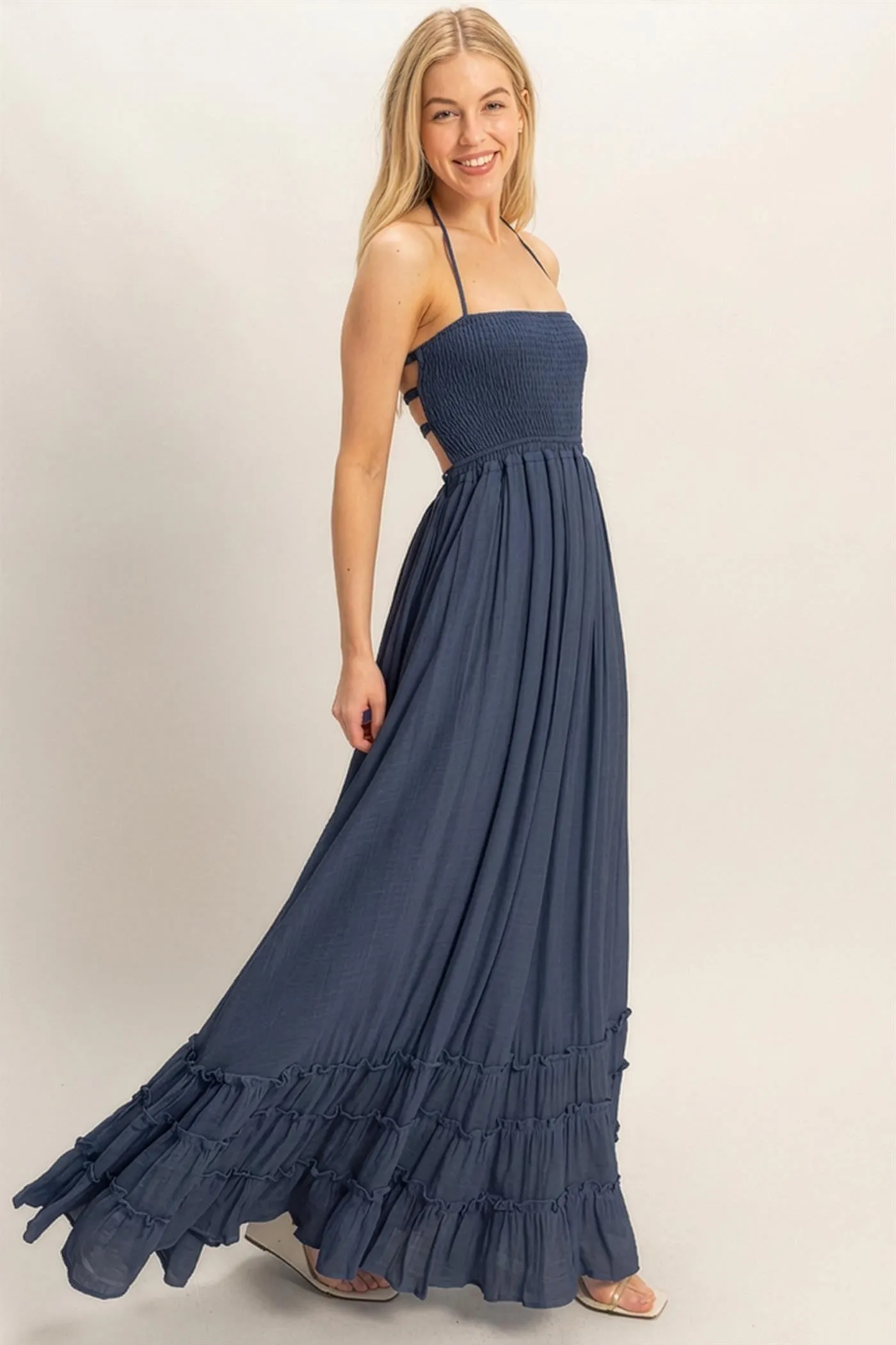 Navy Smocked Halter Open Back Maxi Dress sold by Pinkblush product image thumbnail 3