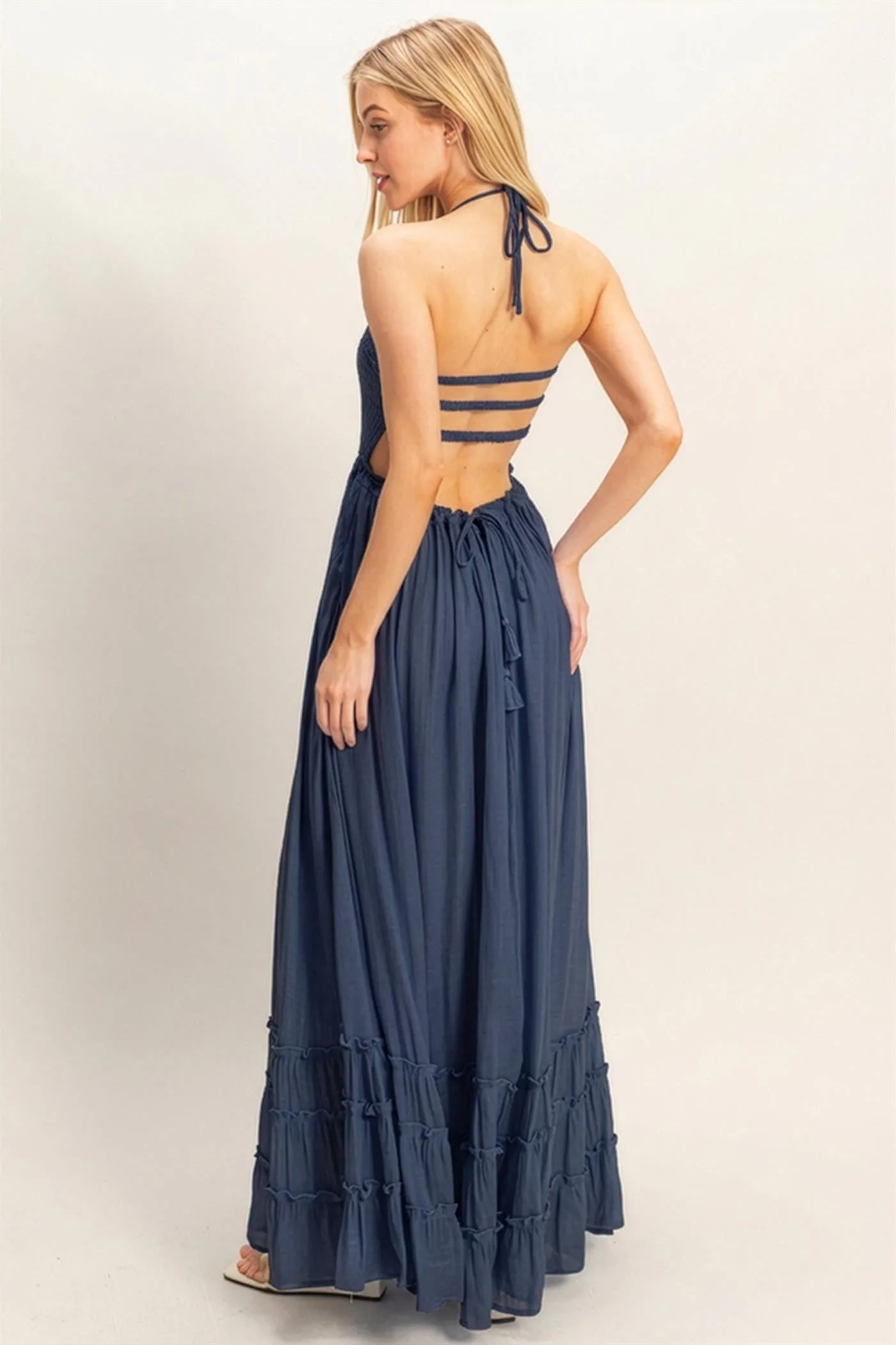 Navy Smocked Halter Open Back Maxi Dress sold by Pinkblush product image thumbnail 4