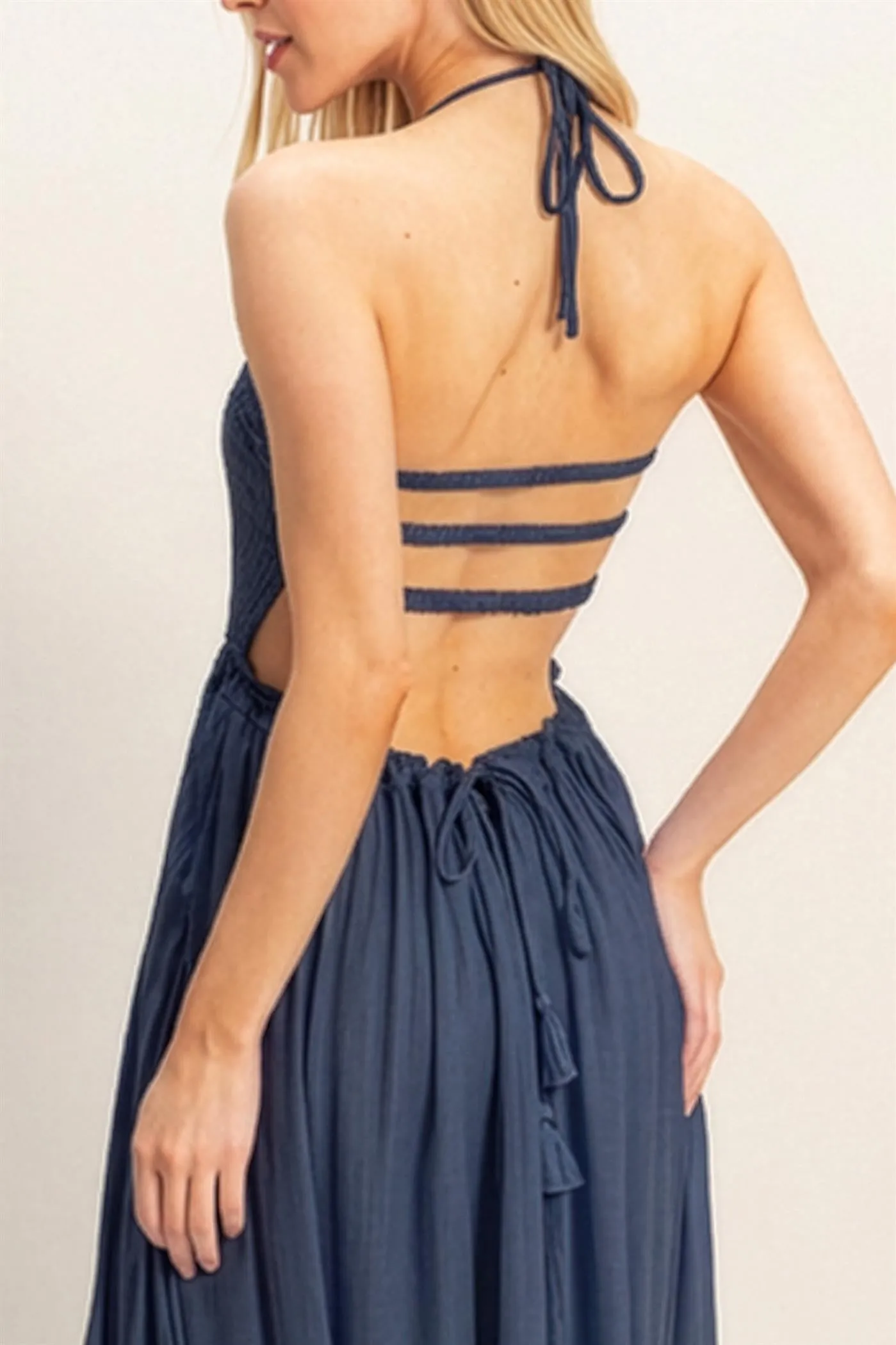 Navy Smocked Halter Open Back Maxi Dress sold by Pinkblush product image thumbnail 5