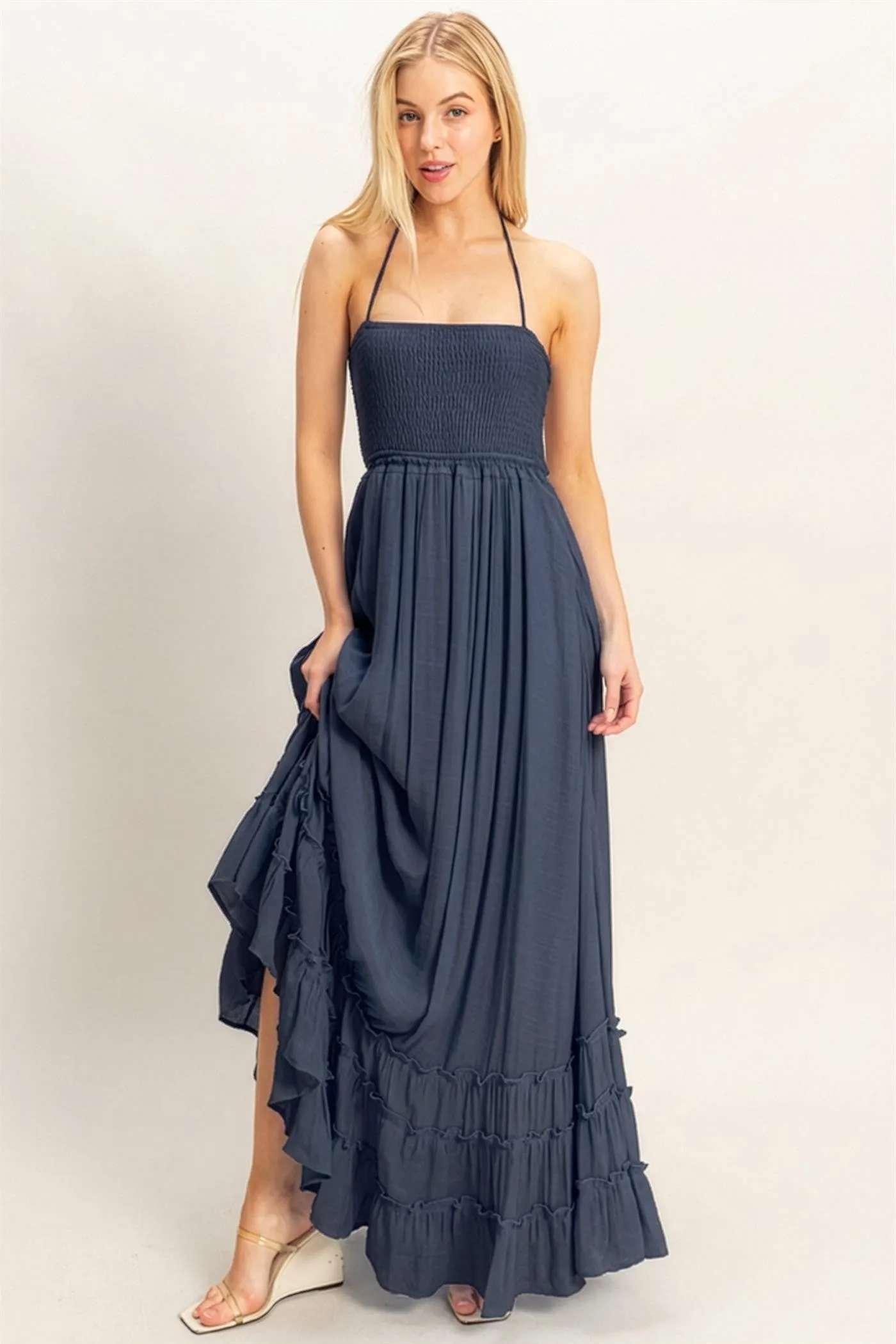 Navy Smocked Halter Open Back Maxi Dress sold by Pinkblush product image thumbnail 2