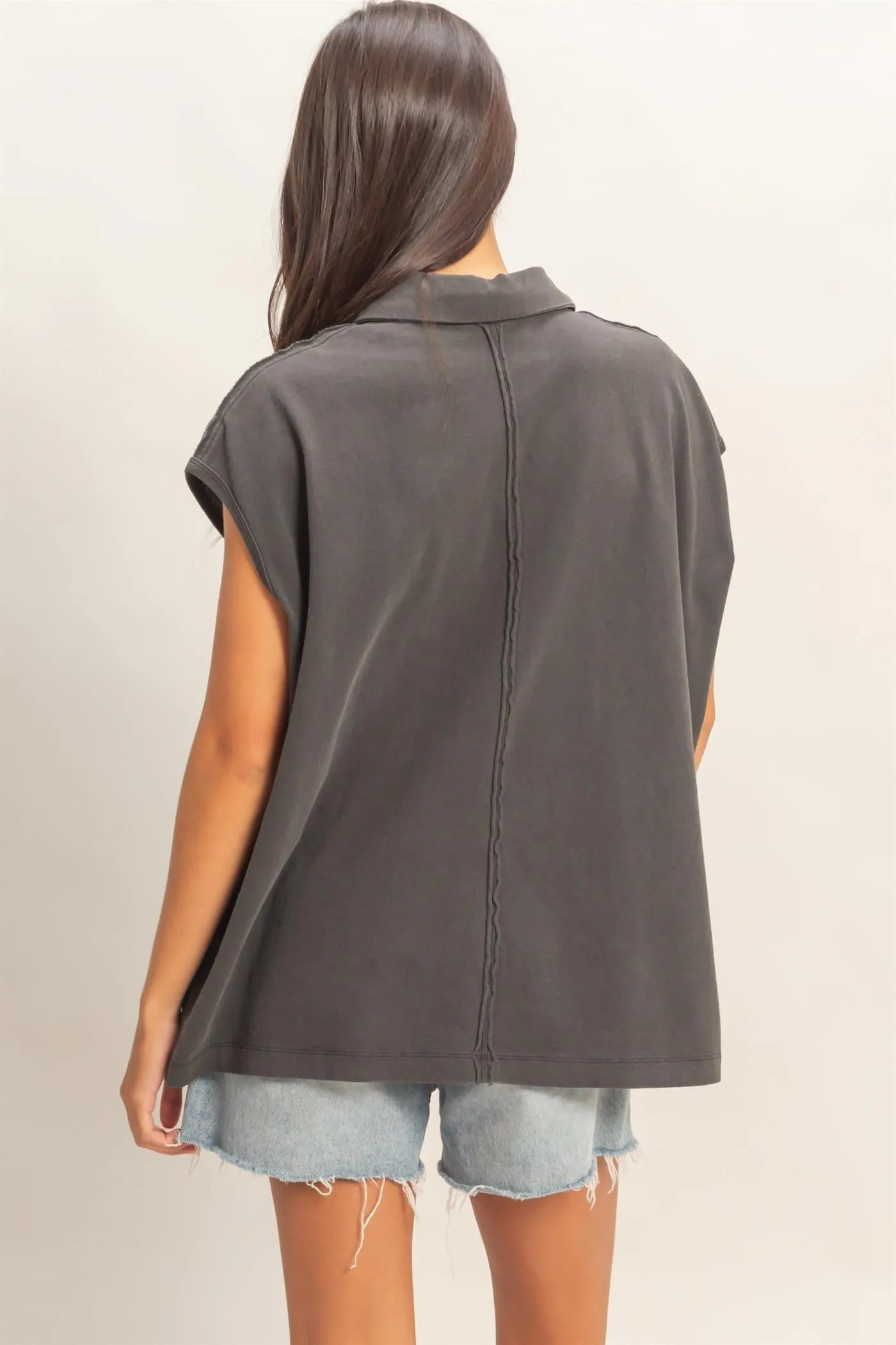 Black Pigment Dye Sleeveless Polo Oversized Top sold by Pinkblush product image thumbnail 4