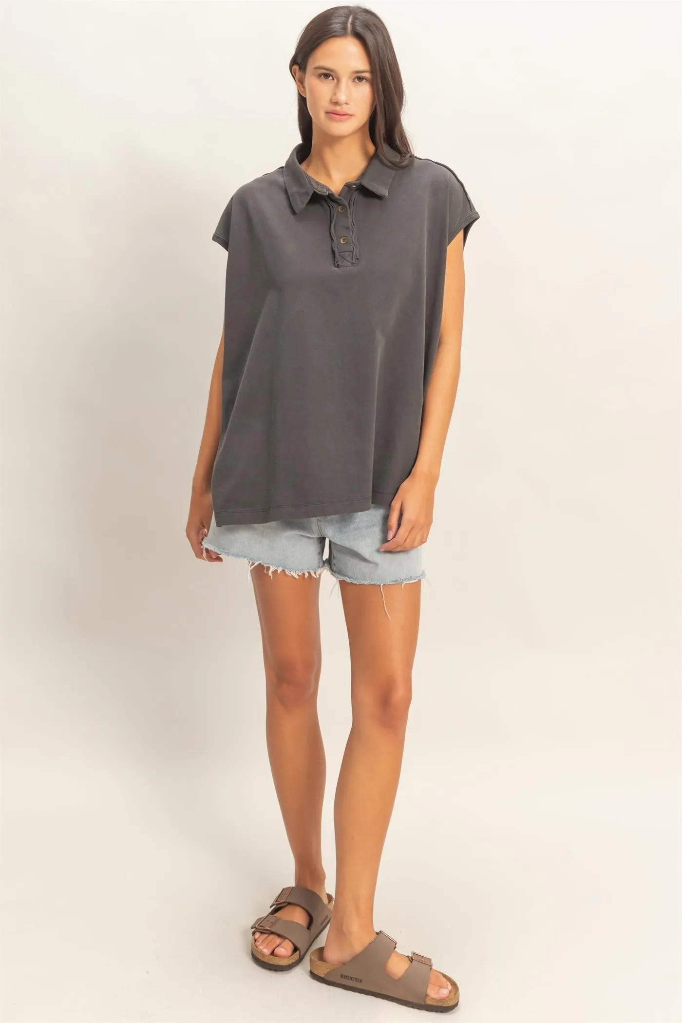 Black Pigment Dye Sleeveless Polo Oversized Top sold by Pinkblush product image thumbnail 5