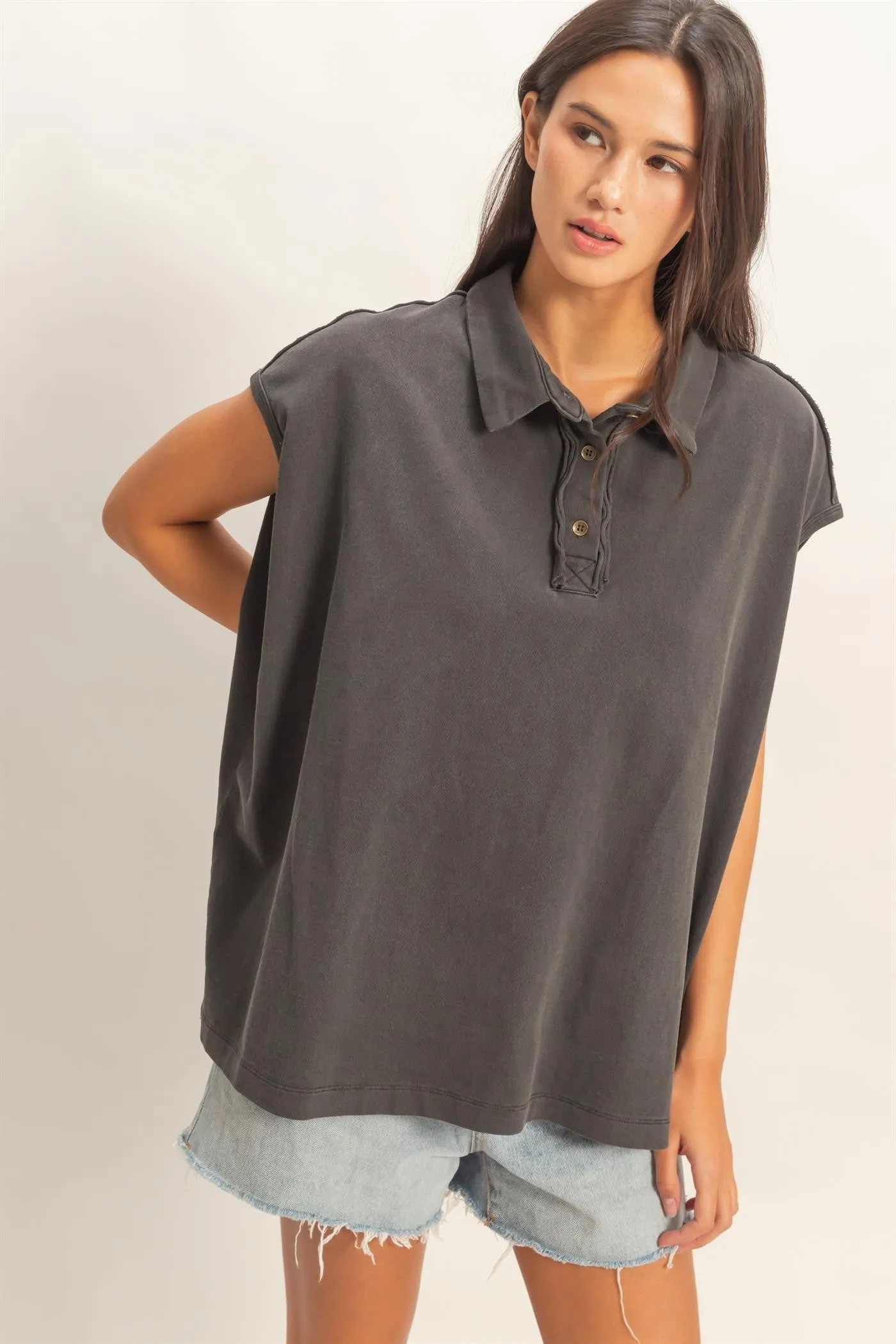 Black Pigment Dye Sleeveless Polo Oversized Top sold by Pinkblush product image thumbnail 2
