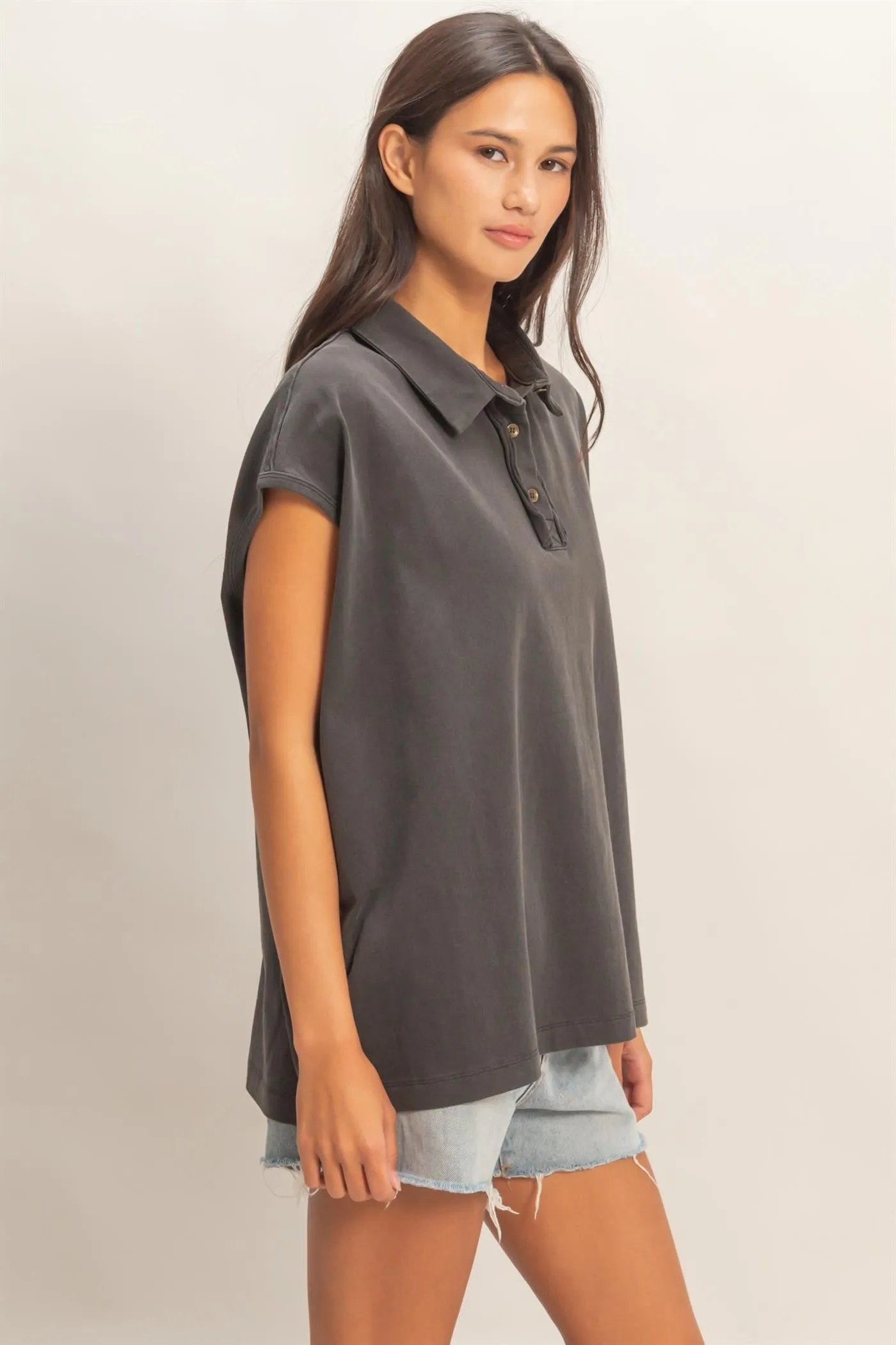Black Pigment Dye Sleeveless Polo Oversized Top sold by Pinkblush product image thumbnail 3