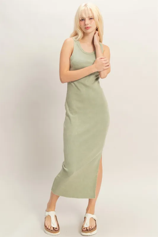 Sage Green Acid Washed Ribbed Midi Tank Dress made by HYFVE