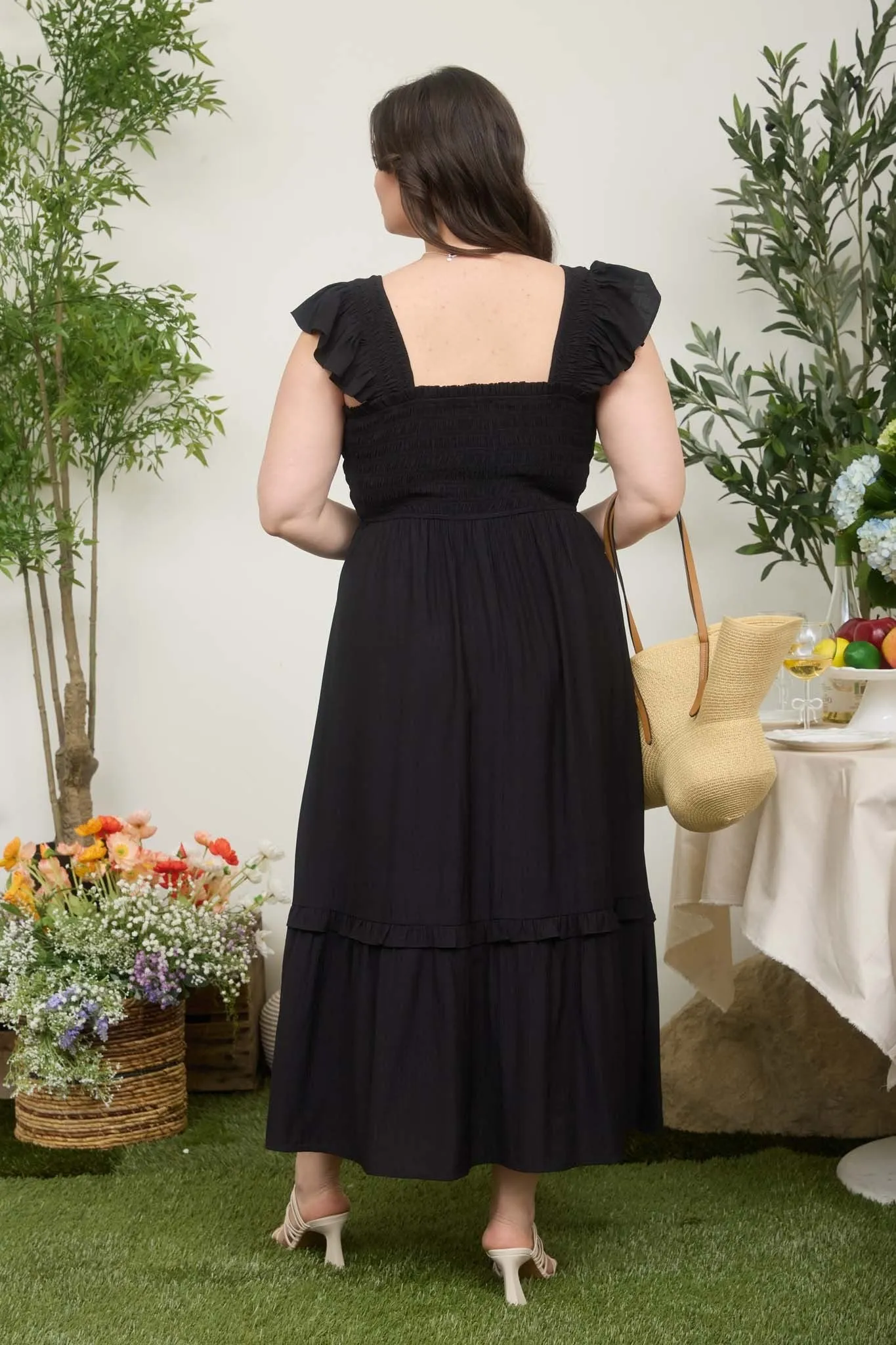 Black Button Accent Smocked Plus Midi Dress sold by Pinkblush product image thumbnail 3