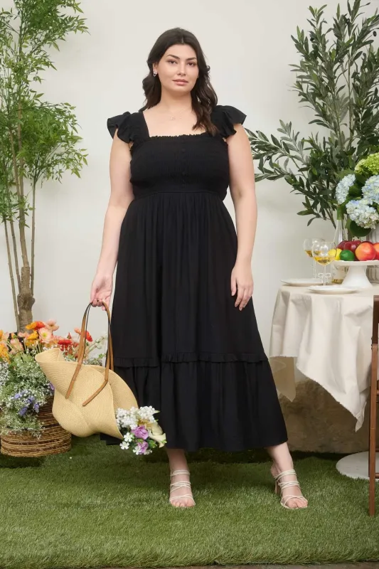 Black Button Accent Smocked Plus Midi Dress made by Blu Pepper