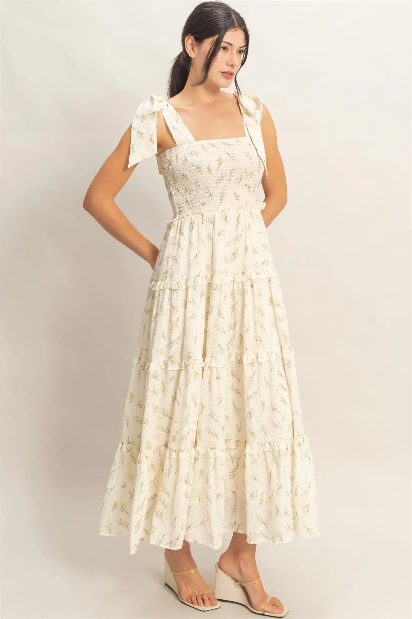 Yellow Floral Smocked Tiered Maxi Dress sold by Pinkblush product image thumbnail 3