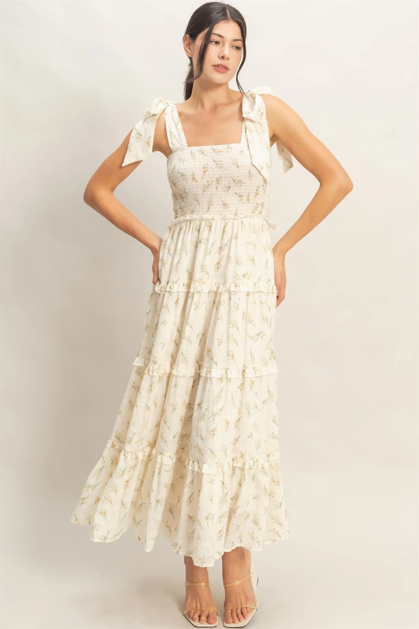 Yellow Floral Smocked Tiered Maxi Dress sold by Pinkblush