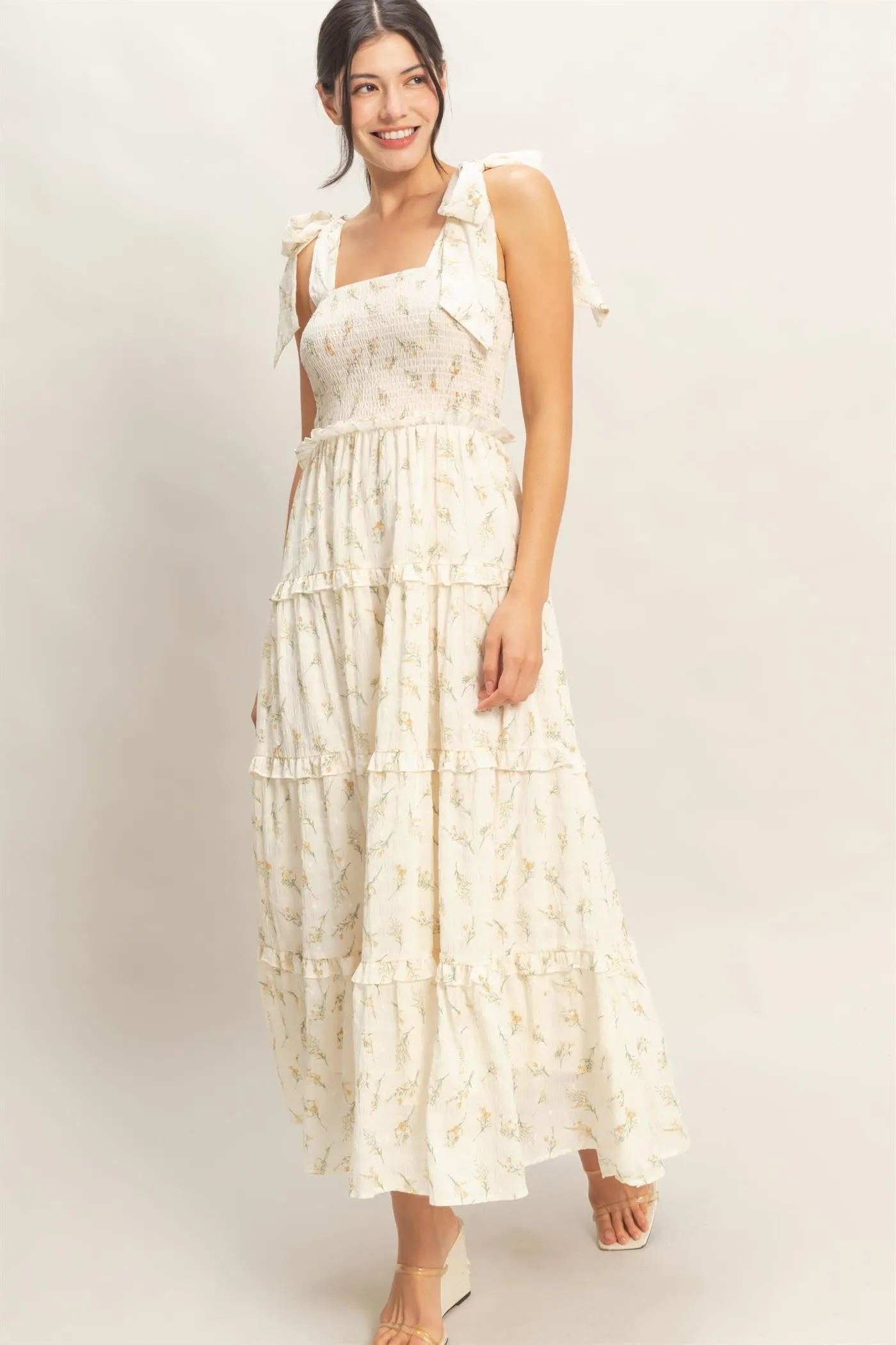 Yellow Floral Smocked Tiered Maxi Dress sold by Pinkblush product image thumbnail 2