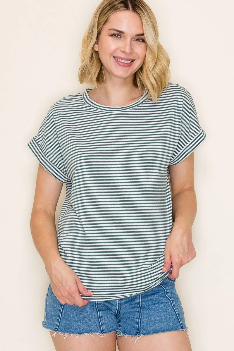 Green Striped Short Sleeve Top sold by Pinkblush