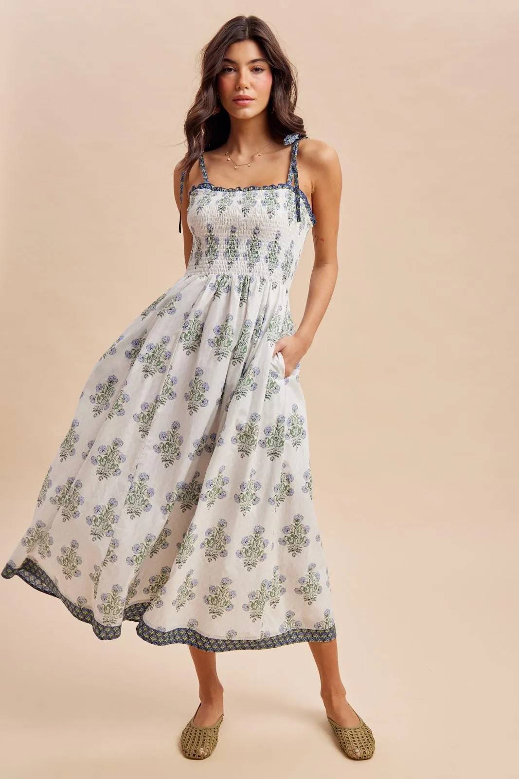 Off White Floral Smocked Shoulder Tie Maxi Dress sold by Pinkblush