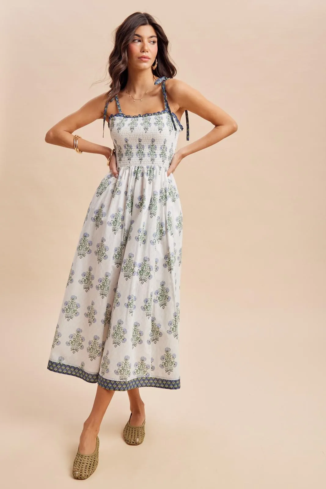 Off White Floral Smocked Shoulder Tie Maxi Dress sold by Pinkblush product image thumbnail 2