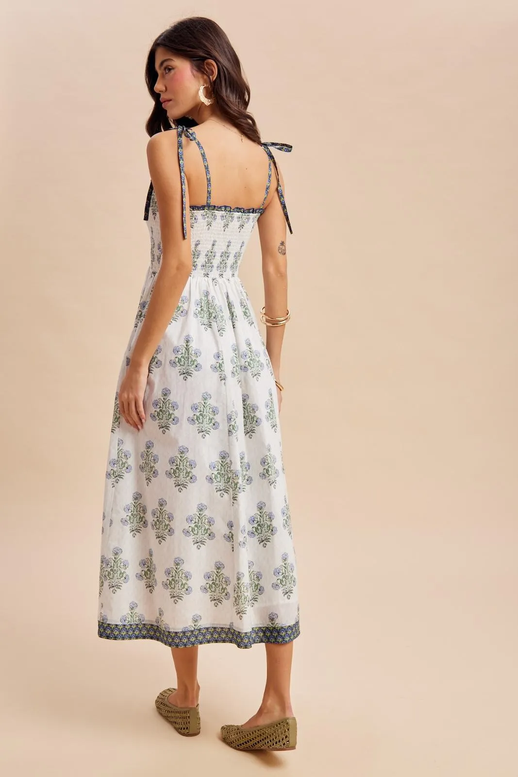 Off White Floral Smocked Shoulder Tie Maxi Dress sold by Pinkblush product image thumbnail 3