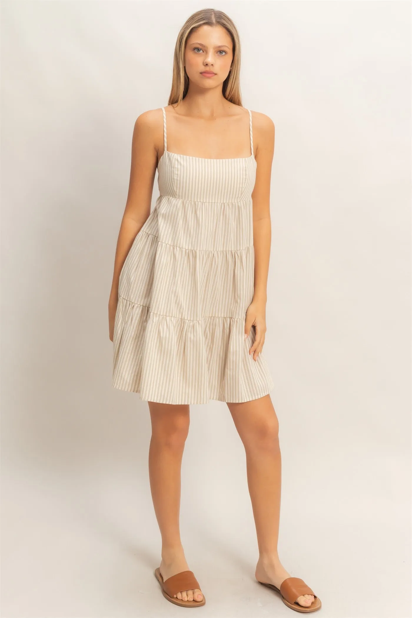 Beige Striped Tiered Cutout Dress sold by Pinkblush product image thumbnail 4