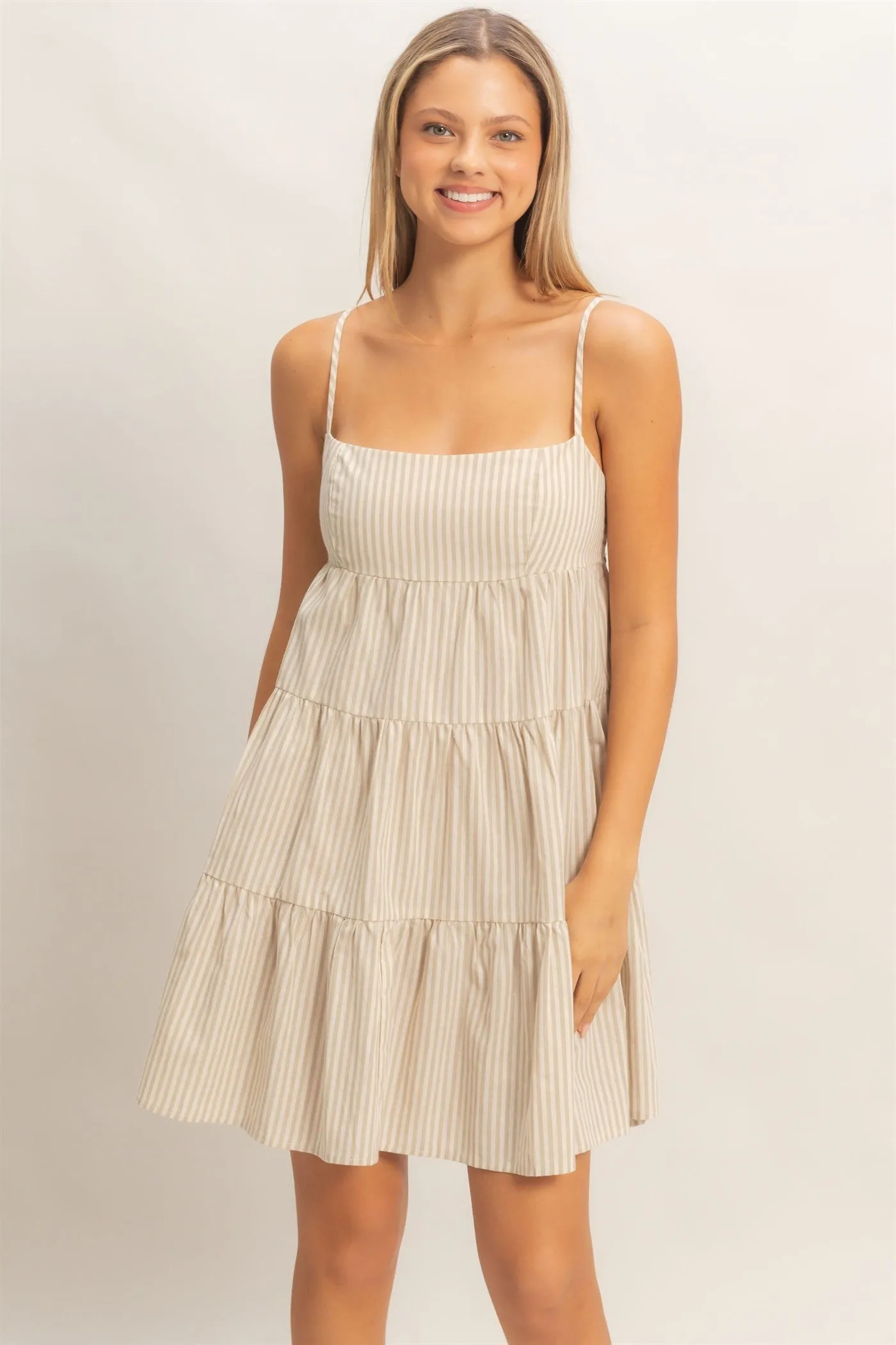 Beige Striped Tiered Cutout Dress sold by Pinkblush