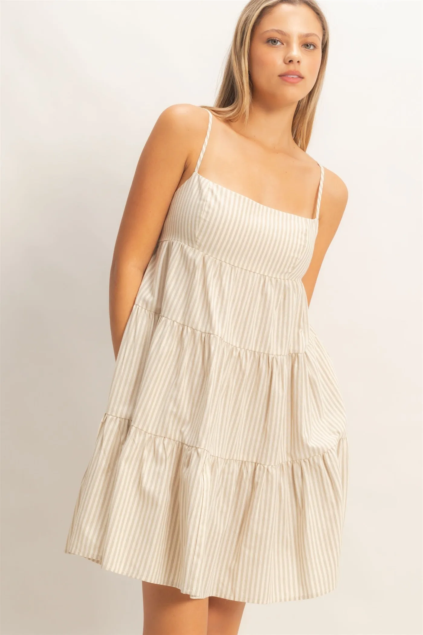 Beige Striped Tiered Cutout Dress sold by Pinkblush product image thumbnail 2