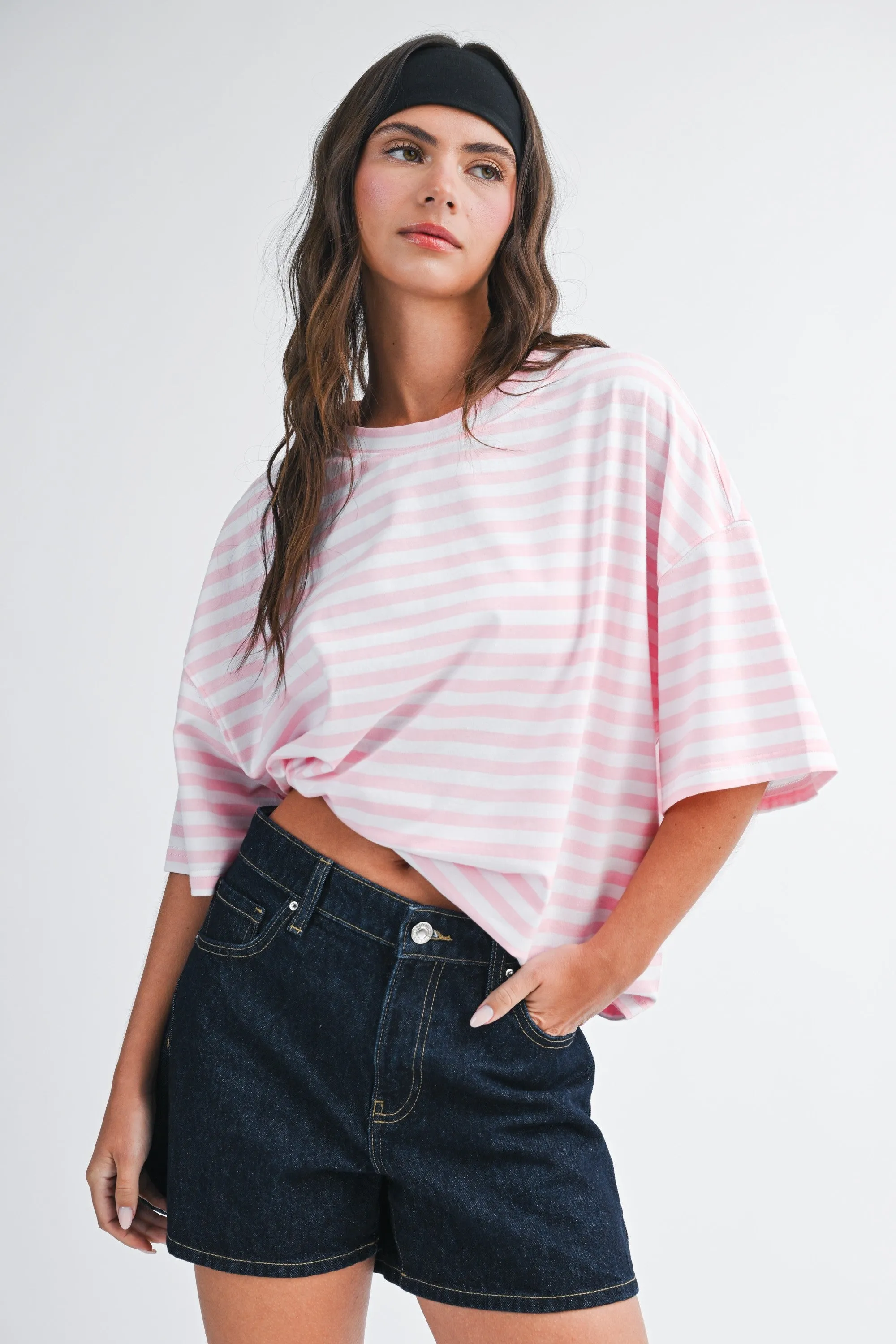 Light Pink Oversized Striped Boyfriend Tee sold by Pinkblush