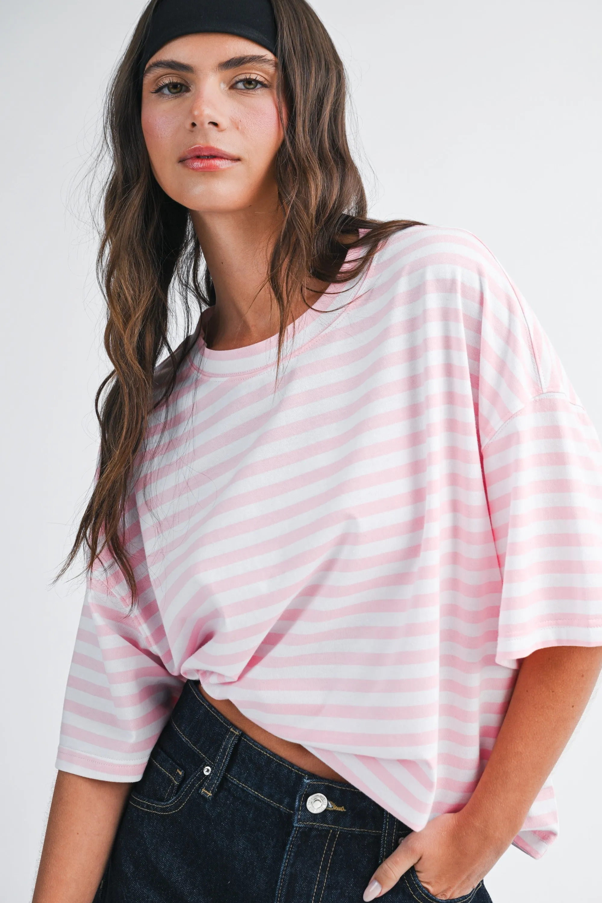Light Pink Oversized Striped Boyfriend Tee sold by Pinkblush product image thumbnail 2