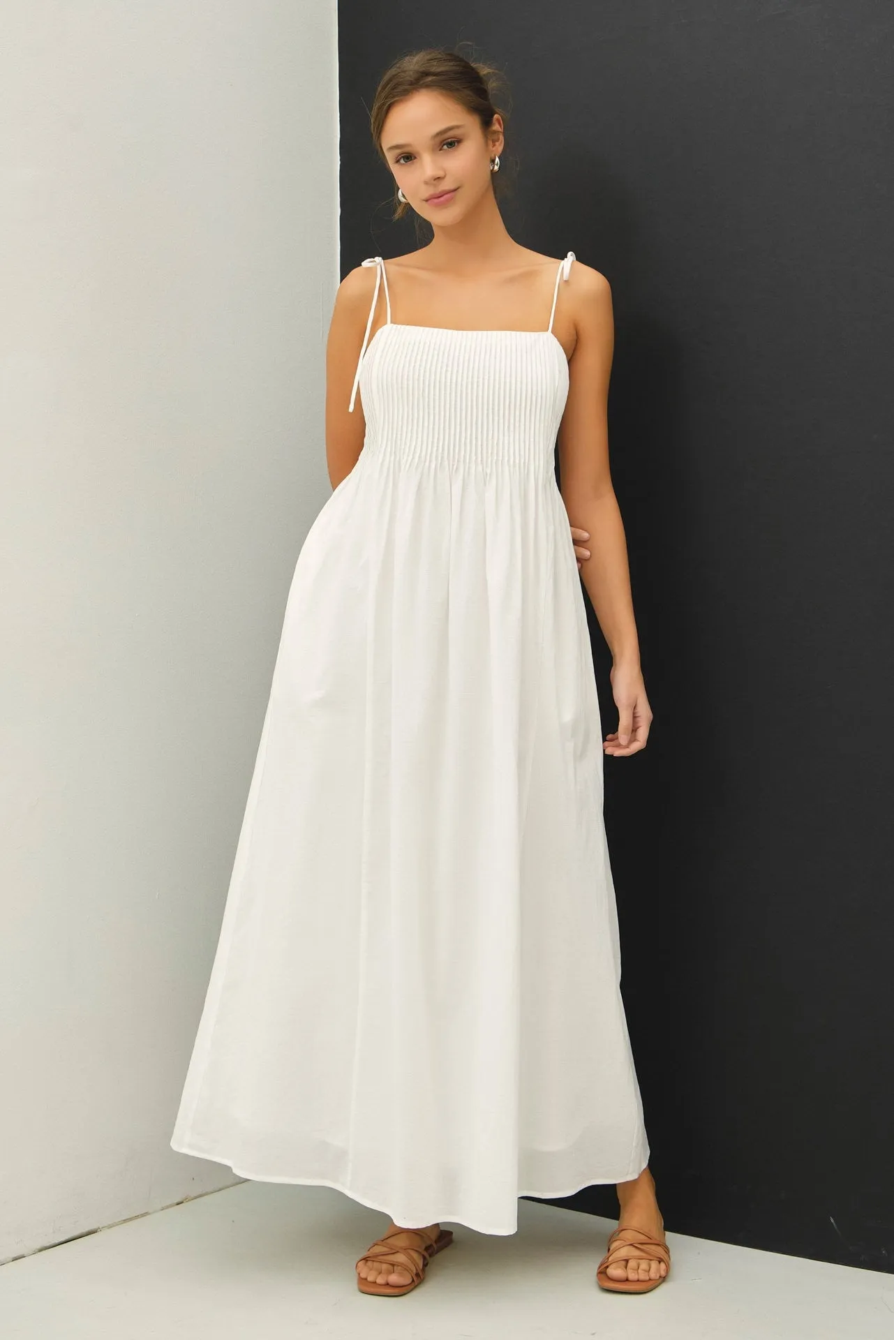 White Cotton Pintuck Tie Strap Maxi Dress sold by Pinkblush