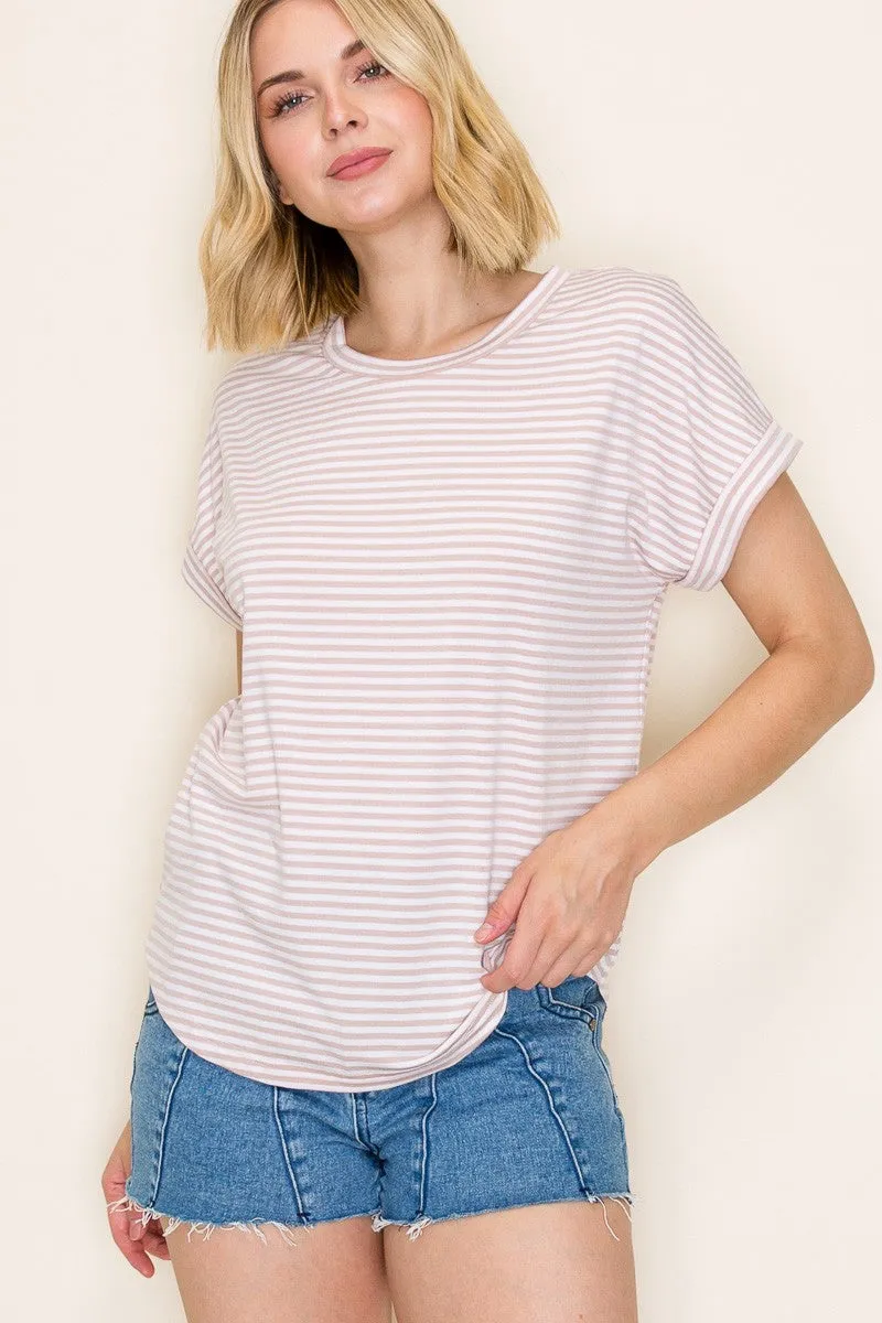 Beige Striped Short Sleeve Top sold by Pinkblush