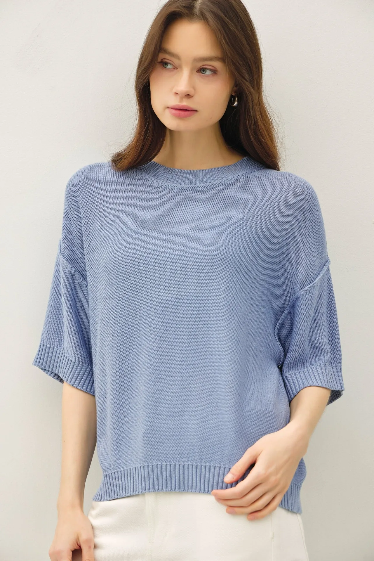 Blue Oversize Cut Sweater Top With Raw Edge sold by Pinkblush