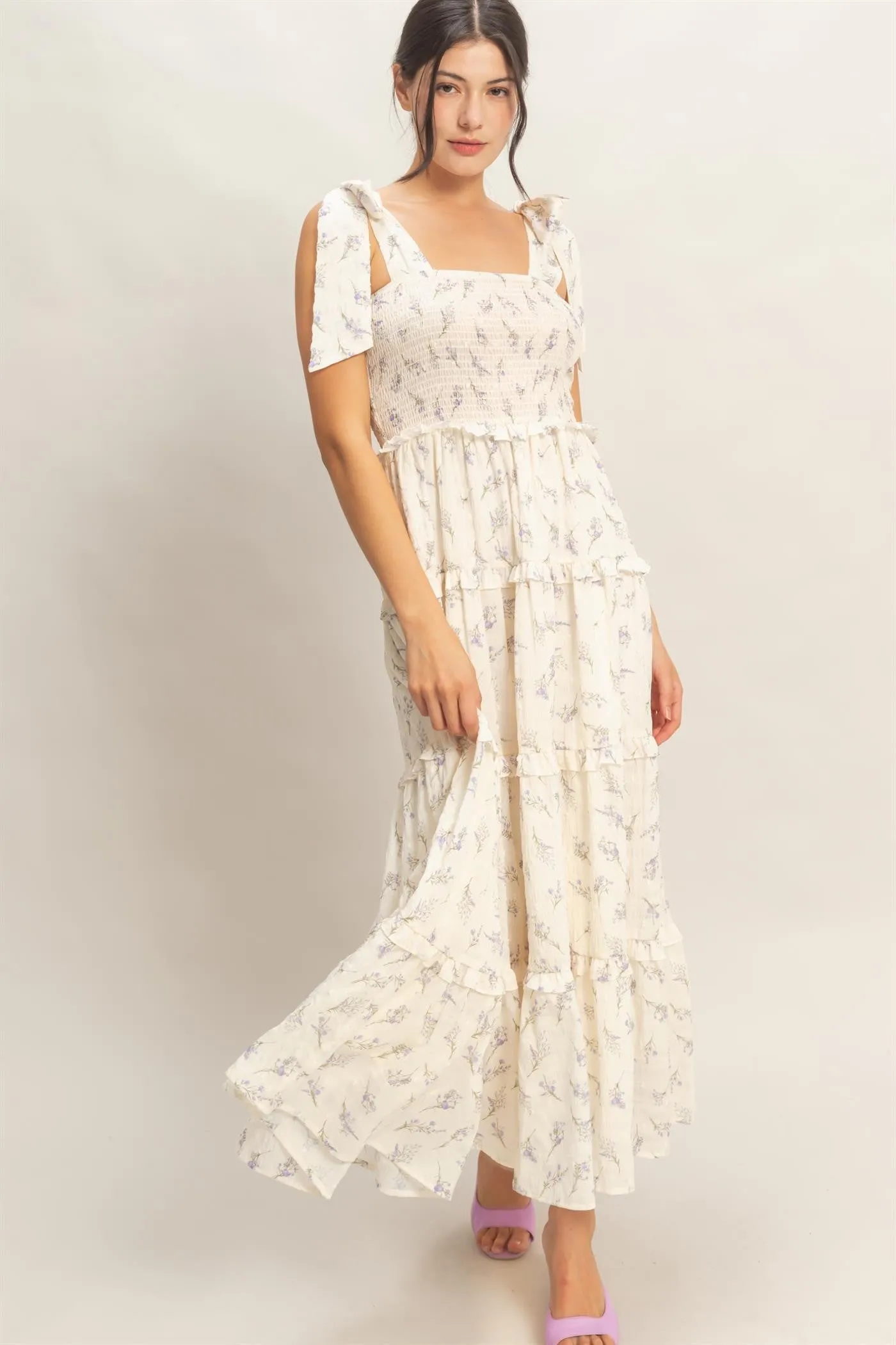 Purple Floral Smocked Tiered Maxi Dress sold by Pinkblush product image thumbnail 3