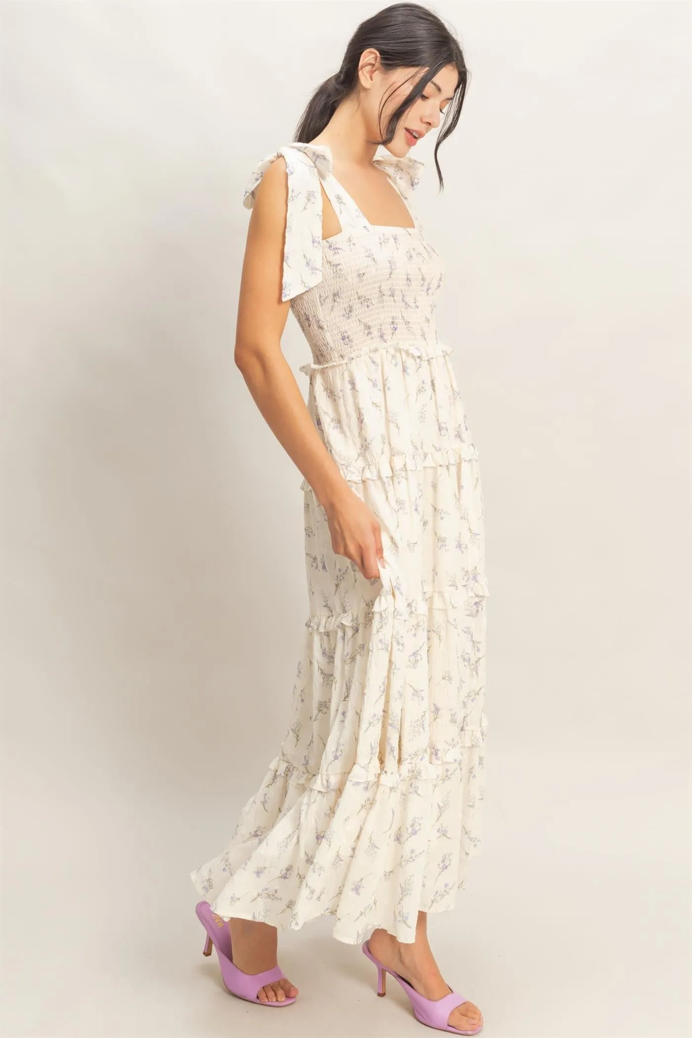 Purple Floral Smocked Tiered Maxi Dress sold by Pinkblush product image thumbnail 4