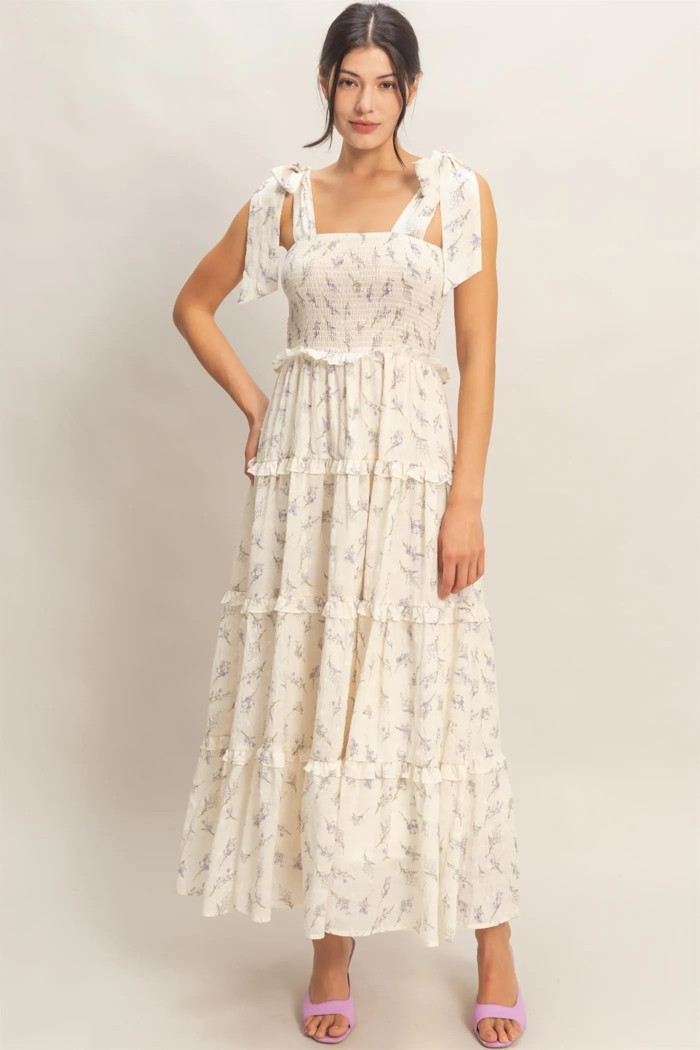 Purple Floral Smocked Tiered Maxi Dress sold by Pinkblush