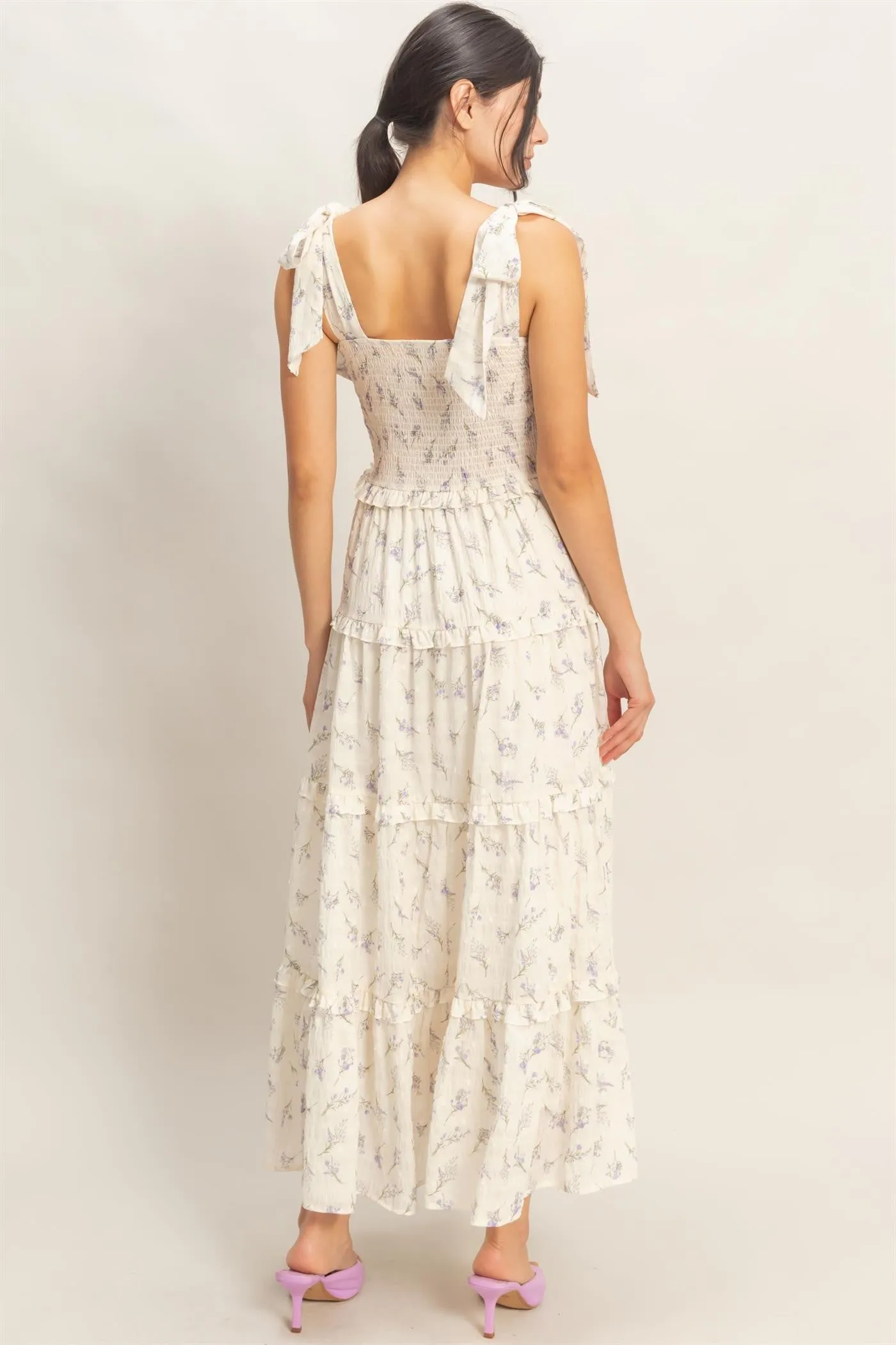 Purple Floral Smocked Tiered Maxi Dress sold by Pinkblush product image thumbnail 5