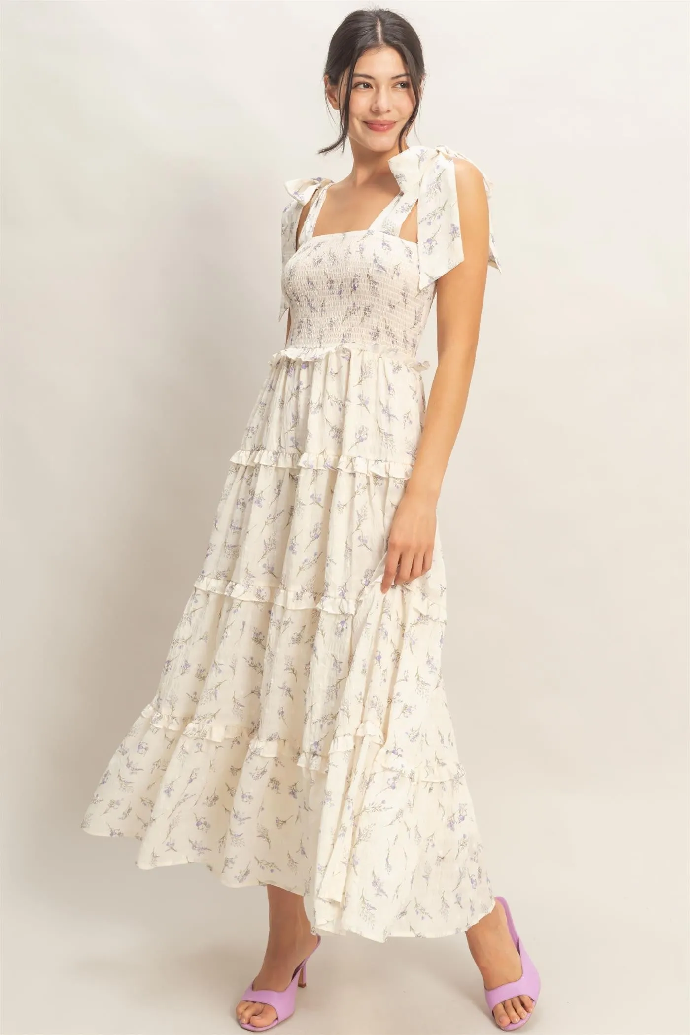 Purple Floral Smocked Tiered Maxi Dress sold by Pinkblush product image thumbnail 2