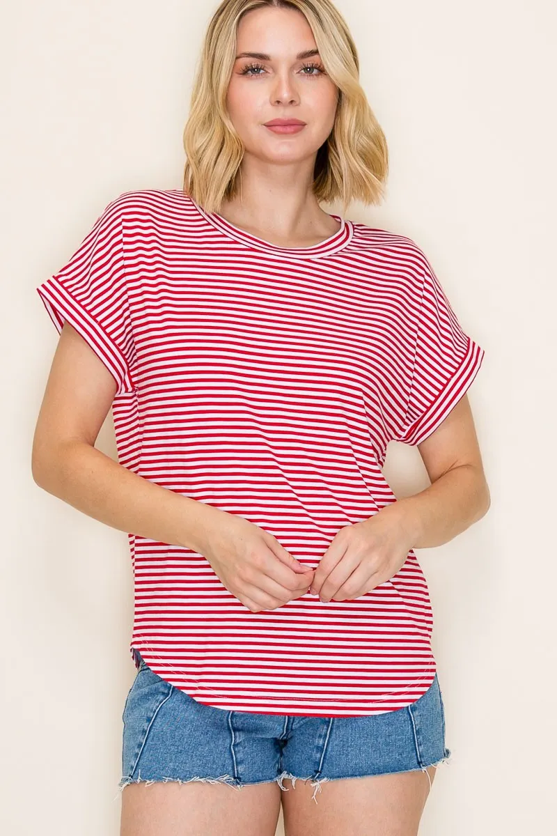 Red Striped Short Sleeve Top sold by Pinkblush
