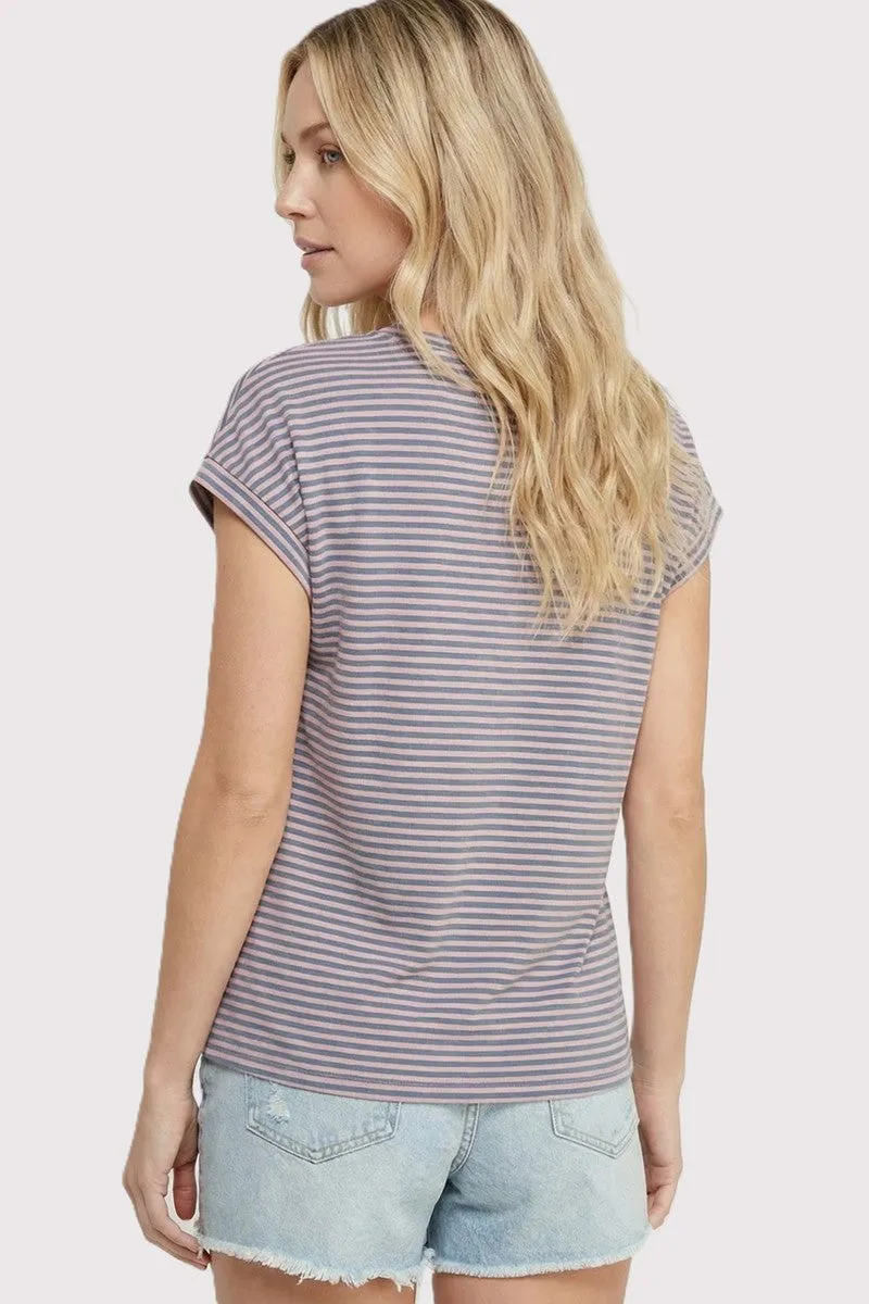 Pink Blue Striped V-Neck Short Sleeve Top sold by Pinkblush product image thumbnail 3