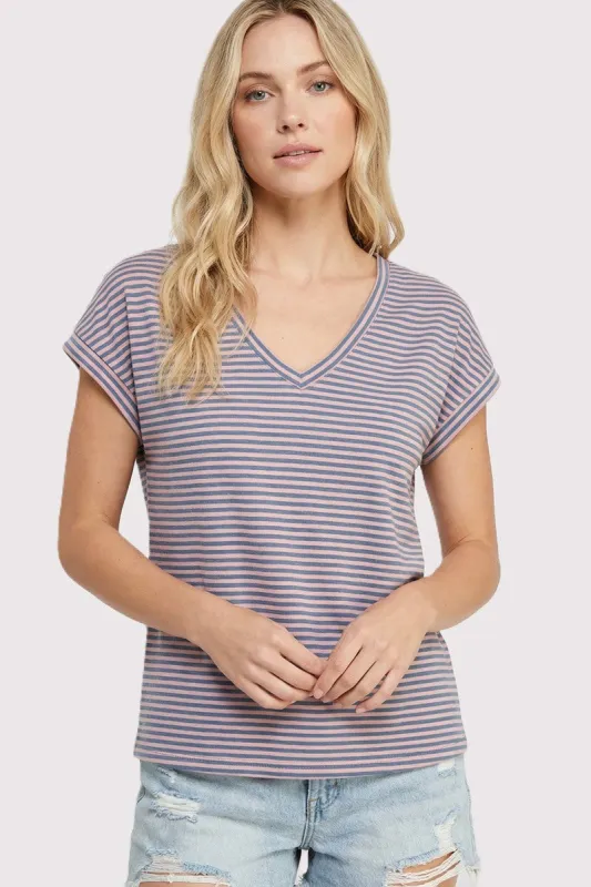 Pink Blue Striped V-Neck Short Sleeve Top made by Staccato
