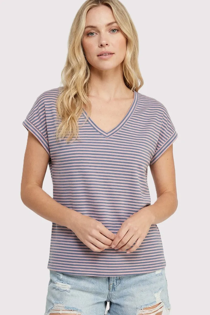 Pink Blue Striped V-Neck Short Sleeve Top sold by Pinkblush