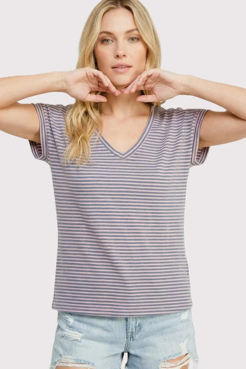 Pink Blue Striped V-Neck Short Sleeve Top sold by Pinkblush product image thumbnail 2