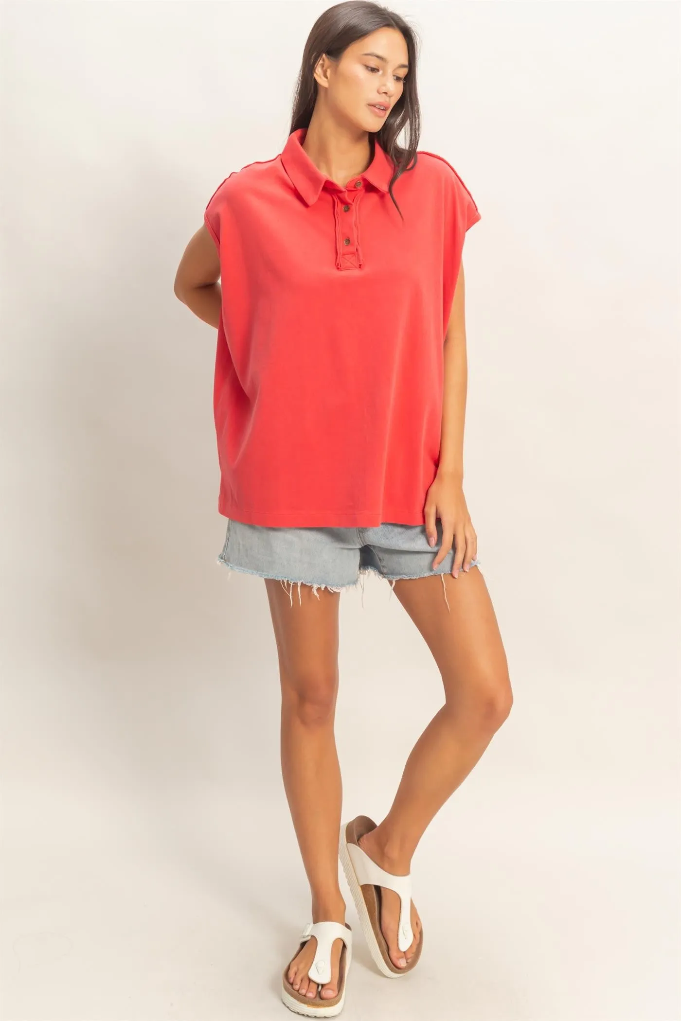 Red Pigment Dye Sleeveless Polo Oversized Top sold by Pinkblush product image thumbnail 4