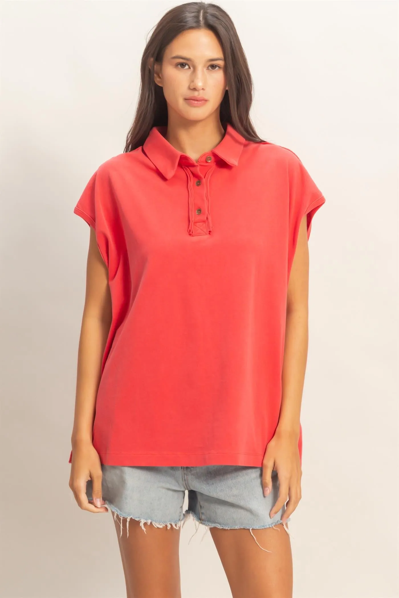 Red Pigment Dye Sleeveless Polo Oversized Top sold by Pinkblush