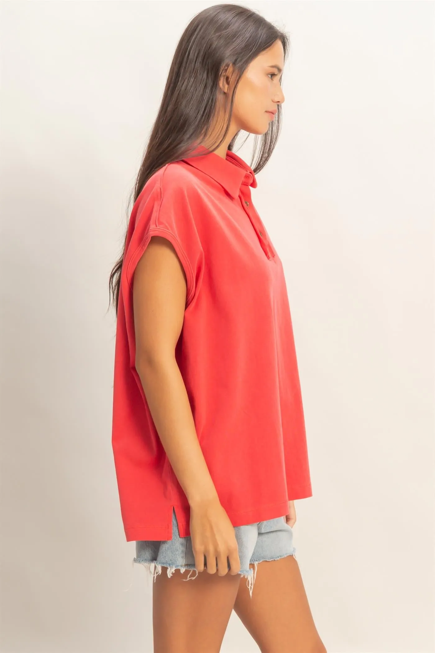 Red Pigment Dye Sleeveless Polo Oversized Top sold by Pinkblush product image thumbnail 2
